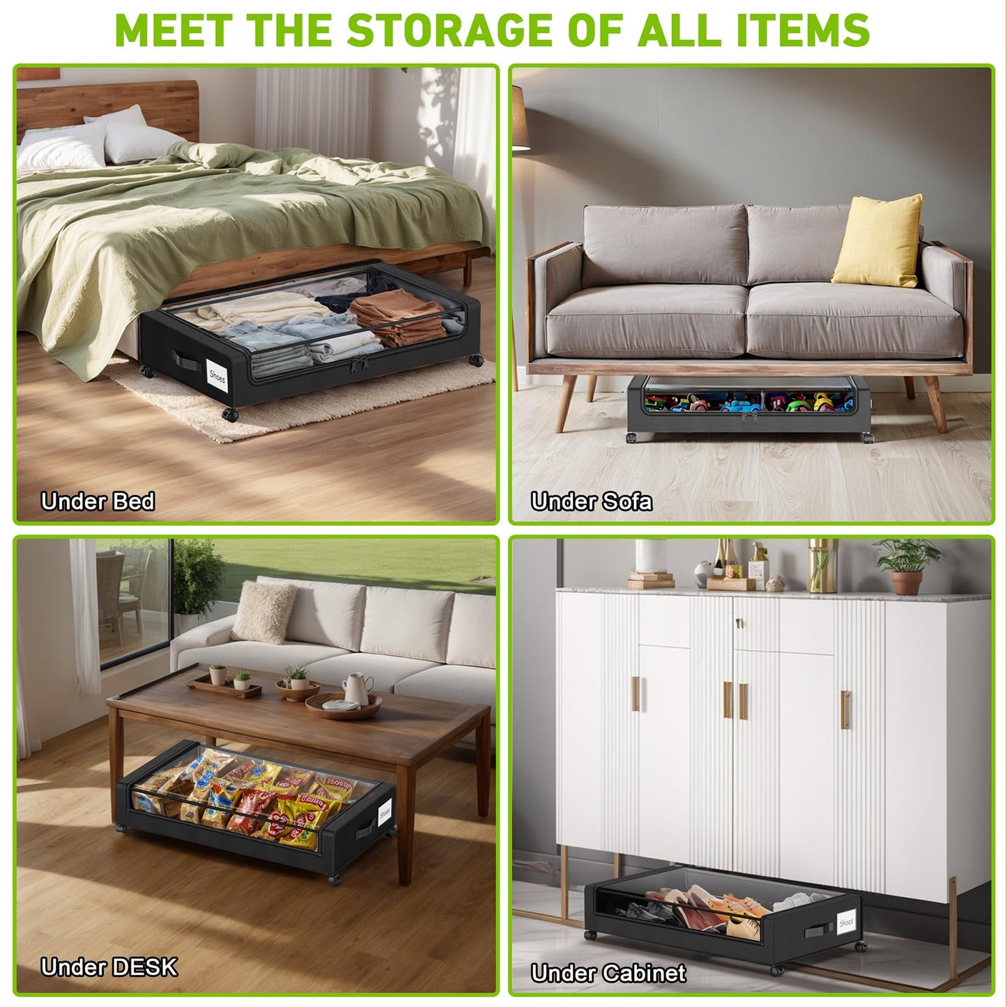 YAASHEEN Under Bed Storage with Wheels, 2-Pack Under the Bed Storage Containers with Clear Lids & Label, Underbed Storage Bins, XXL 60L Rolling Metal Drawer for Clothes, Shoes, Toys, Books - Black