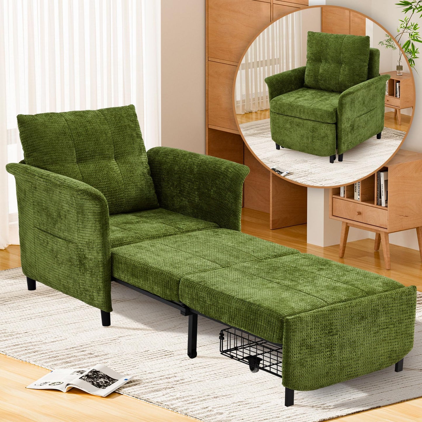 ZZWHOM Convertible Sleeper Chair 79" Long Chair Bed w/Adjustable Backrest 4-in-1 Pull Out Lounge Chair 500 LBS Load Bearing Single Sofa Bed with Pillow for Living Room & Small Space