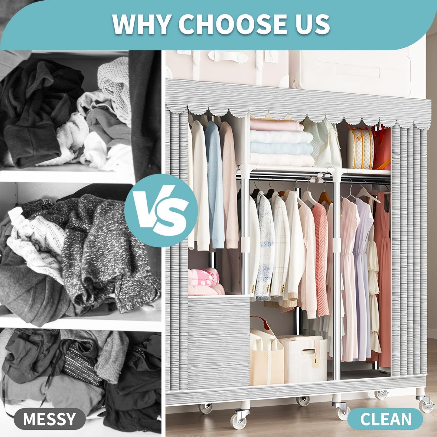 YFGSFWTS Portable Closet for Hanging Clothes with Wheels wardrobe closet Wide Large Capacity Wardrobe Closet with Cover Storage Shelves and Hanging closets for hanging clothes for Cloakroom Bedroom(20