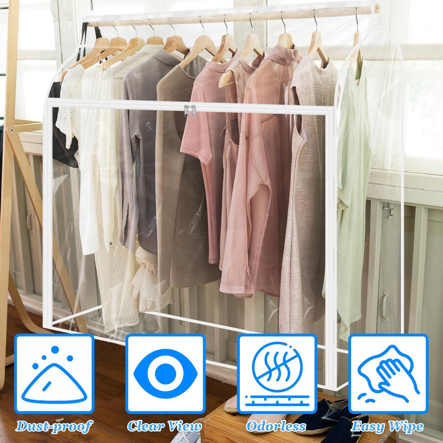2 Pack Clear Garment Rack Cover Hanging Garment Bag for Closet Dustproof Clothes Rack Cover with Clear Window and Zipper Large Clothing Bags Dress Protector