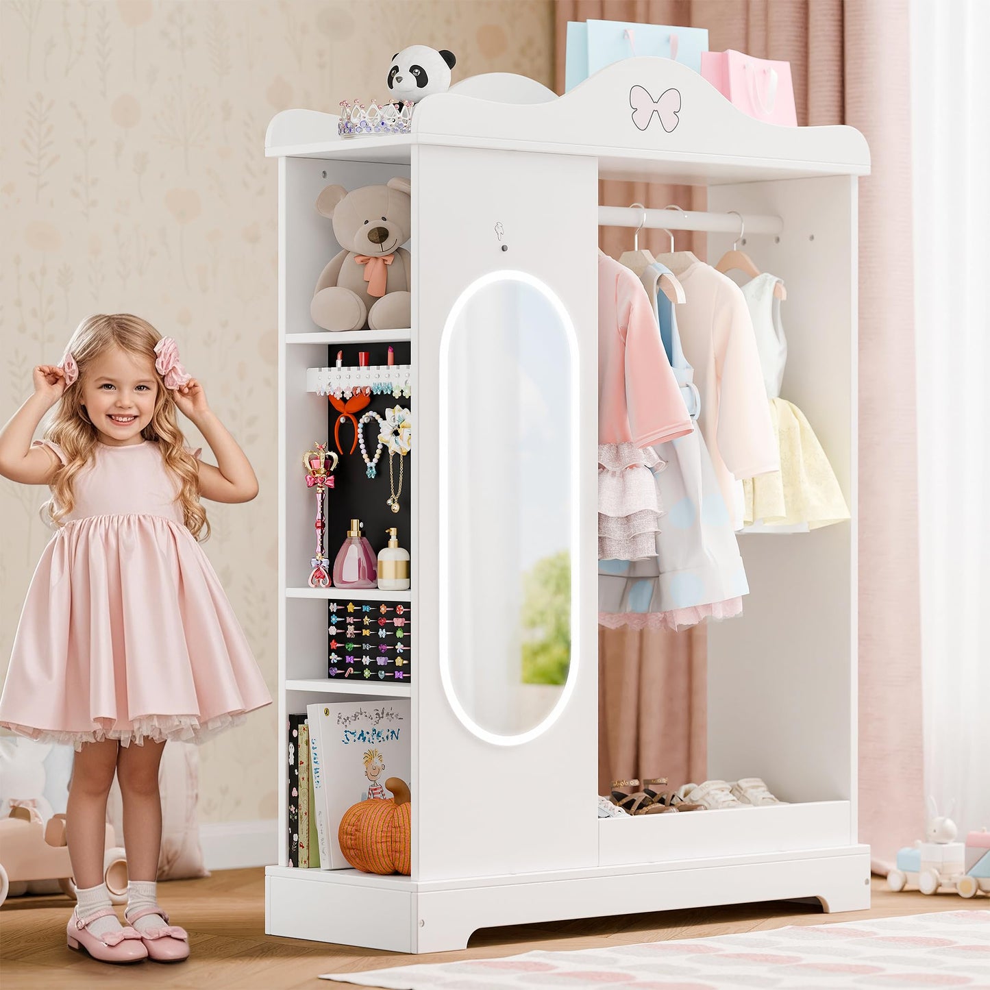 Xilingol Kids Armoire with a Jewelry Cabinet, Princess Dress Up Closet with Mirror, Kids Wardrobe Closet with Storage Shelves, Armoire Costume Organizer for Bedroom, Kids Room, Girl (White)