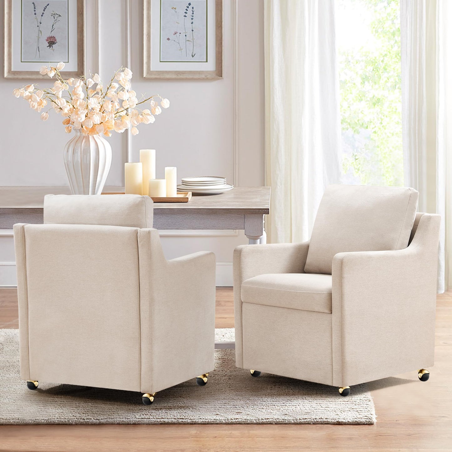 VIKAYAMICS Modern Dining Chair, Linen Upholstered Dining Chairs with Back Pillow and 4 Casters, Accent Armchair for Reading Room Living Room Bedroom