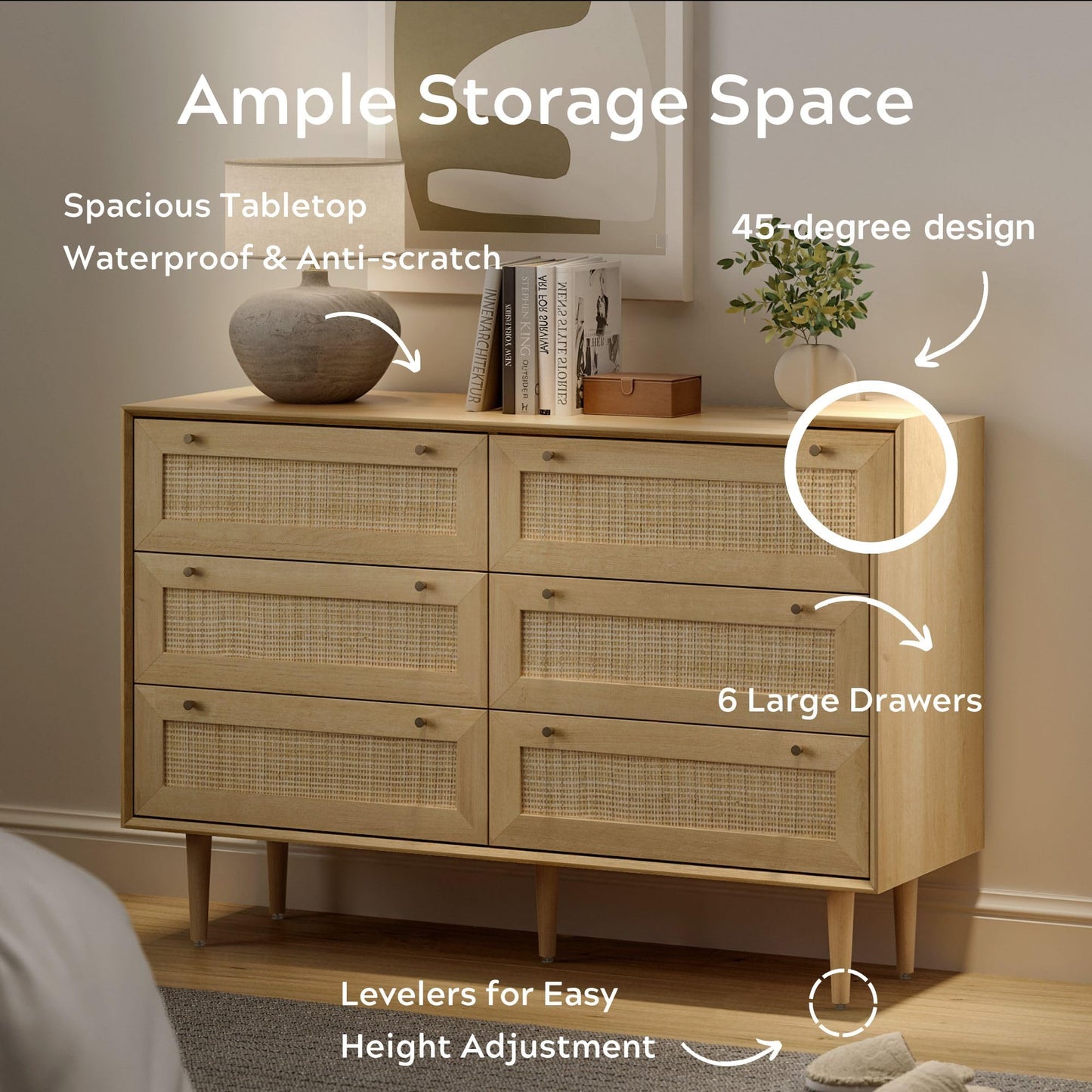 EYYTHUNG Rattan 6 Drawer Dresser, Modern Closet Dressers of Drawers with Natural Rattan, Boho Dresser Chest, TV Stand of Drawers, Wood Storage Drawer Organizer for Bedroom Living Room Entryway Hallway