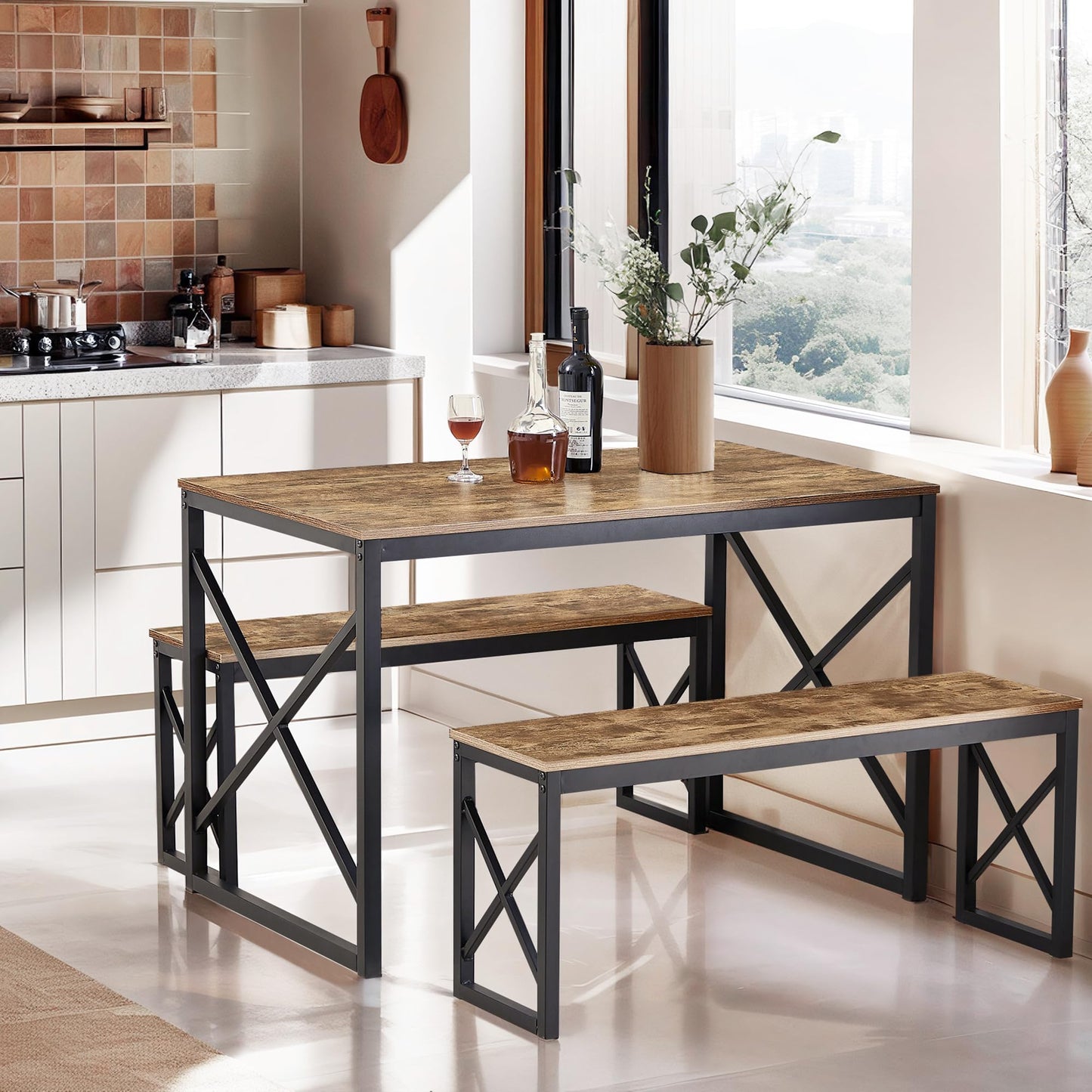 VECELO Kitchen Table with 2 Benches for 4, 43.3'' Wood Dining Room Dinette Sets with X Metal Frame for Breakfast Nook and Small Space, Brown