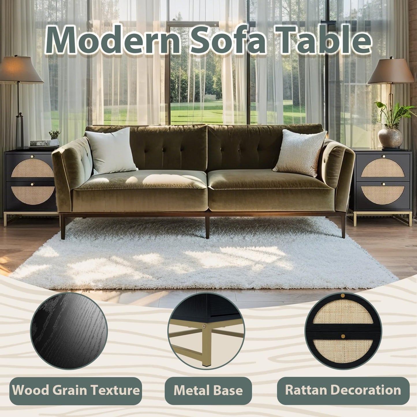 vistavie Rattan Nightstand with 2 Drawers, Wooden End Table Rattan Weaving Bedside Table Accent,Rustic Side Table Night Stand with Storage,for Living Room Bedroom (Black, Set of 2)