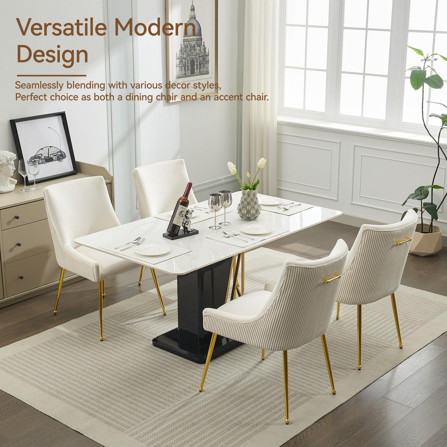 WUTUTUEE Velvet Dining Chairs Set of 2 Gold Legs,Upholstered Velvet Accent Chairs, Pleated Back Design & Gold Pull Handle, Mid Century Modern Chairs for Dining/Kitchen/Living Room,Beige