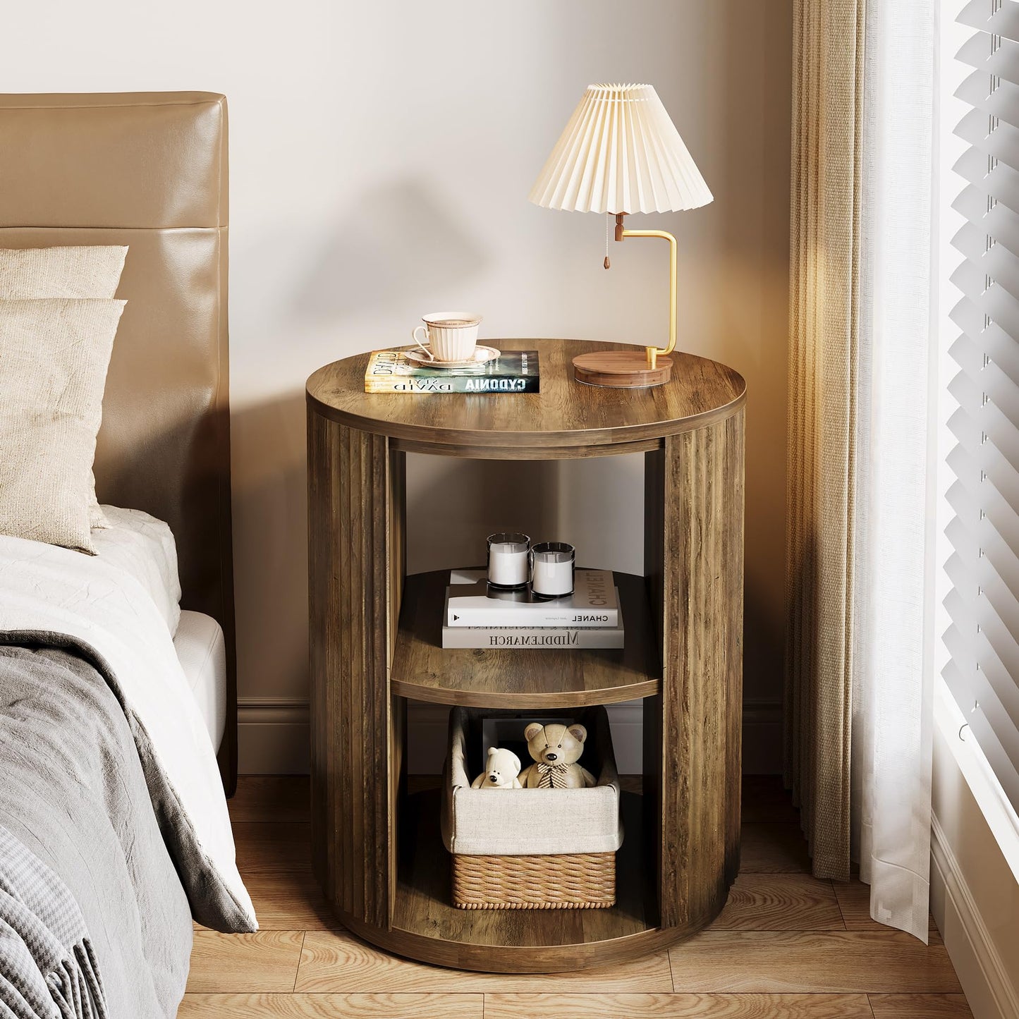 Tribesigns Round Fluted End Table, Farmhouse Round Side Table with 3-Tier Storage Shelf, Circle Bedside Nightstand for Living Room, Bedroom, Small Spaces, Rustic Brown