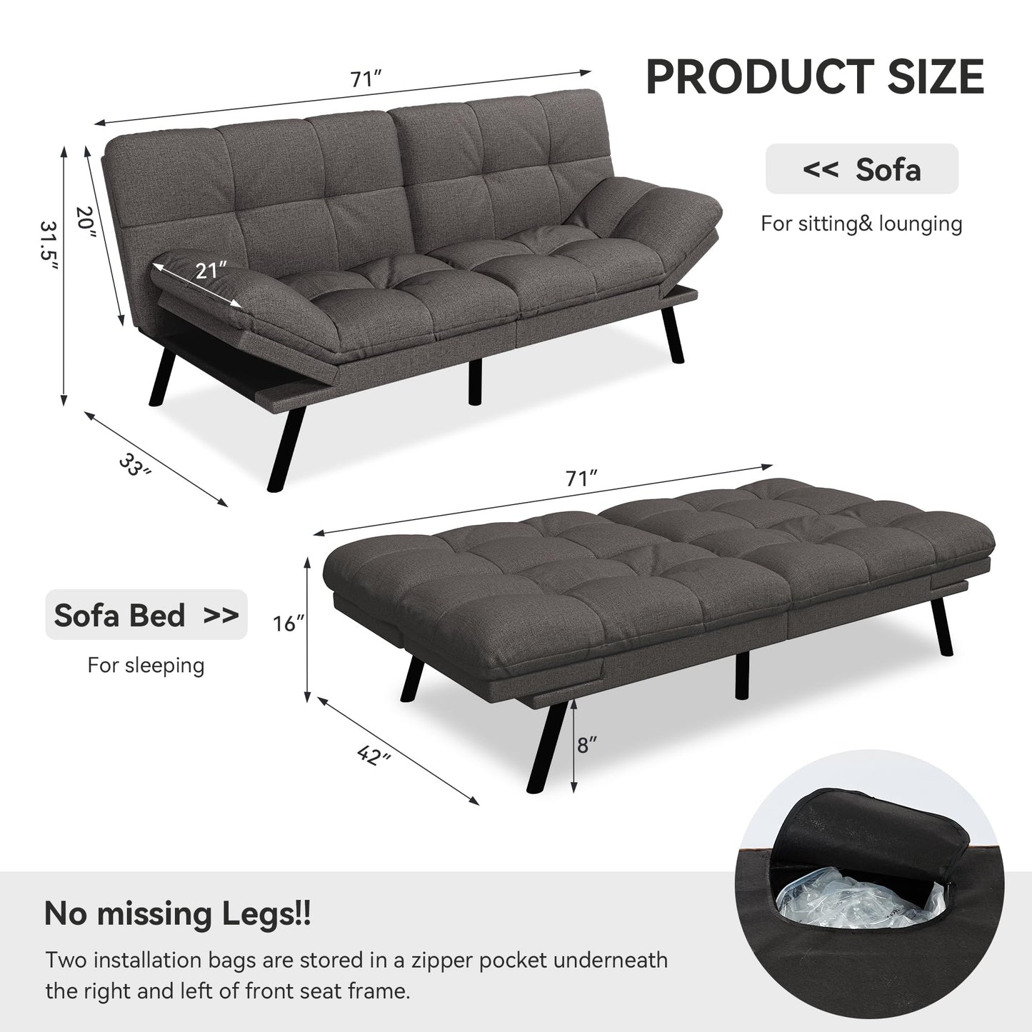 Vipbear 71" Convertible Futon Sofa Bed,Linen Fabric Futon Couch with Detachable Cushion,Adjustable Backrest & Armrest,Modern Loveseat Sleeper Recliner for Living Room,Office,Apartment,Dark Grey