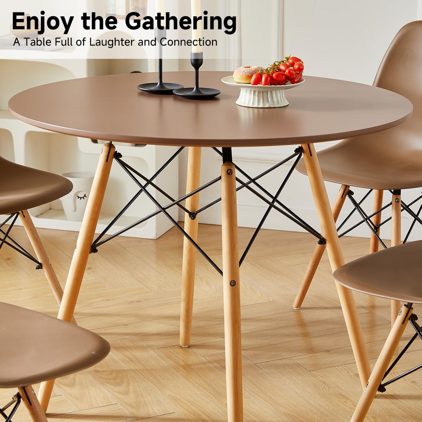 Yuqunfur Round Dining Table Set for 4 35.5" Wood Dinner Table Circle Dining Table Kitchen Table Chairs Set of 4 with Wood Strip Base for Kitchen Living Room Space Saving Apartment(Brown)