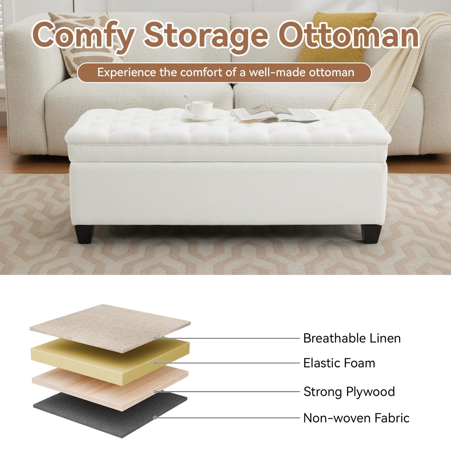 WUTUTUEE 51" Fabric Storage Ottoman Bench, Upholstered Rectangle End of Bed Storage Ottoman Tufted Living Room Bedroom Bench with Safety Hinge, Solid Wood Legs, Loads 500 lb(Beige)