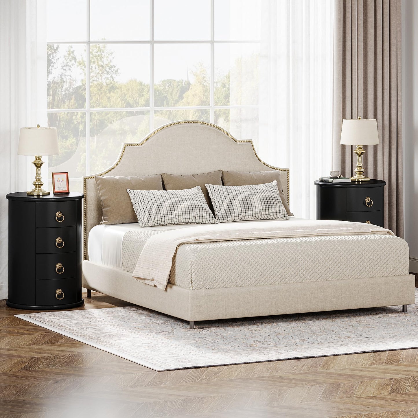 Tribesigns Solid Wood Nightstand, Round Night Stand with 4 Drawers, Rustic Bedside Table Tall Nightstand for Bedroom, Living Room, No Assembly Required (2, Black)