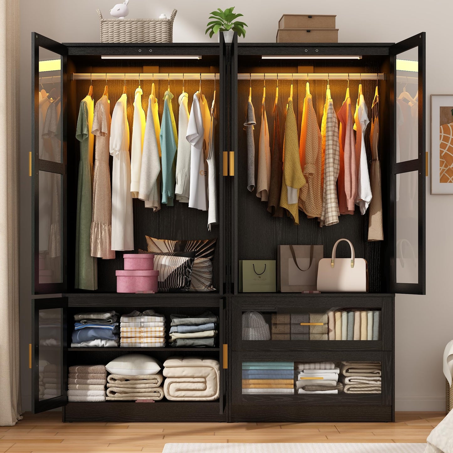 4 Doors Armoire Wardrobe Closet with LED and Mirror,71" H Freestanding Wooden Wardrobe Closet Cabinet for Bedroom w 2 Drawers,Wooden Clothing Storage Cabinet w Hanging Rod,Closets for Bedroom(Black)