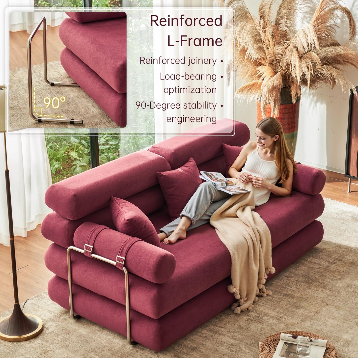 YINIX Convertible Sleeper Sofa - 35'' High-Back Floor Couch Bed - Folding Sofa Bed with Rounded Arm Supports - Floor Sofa Lounge Sofa Bed for Living Room Bedroom - Wine Red