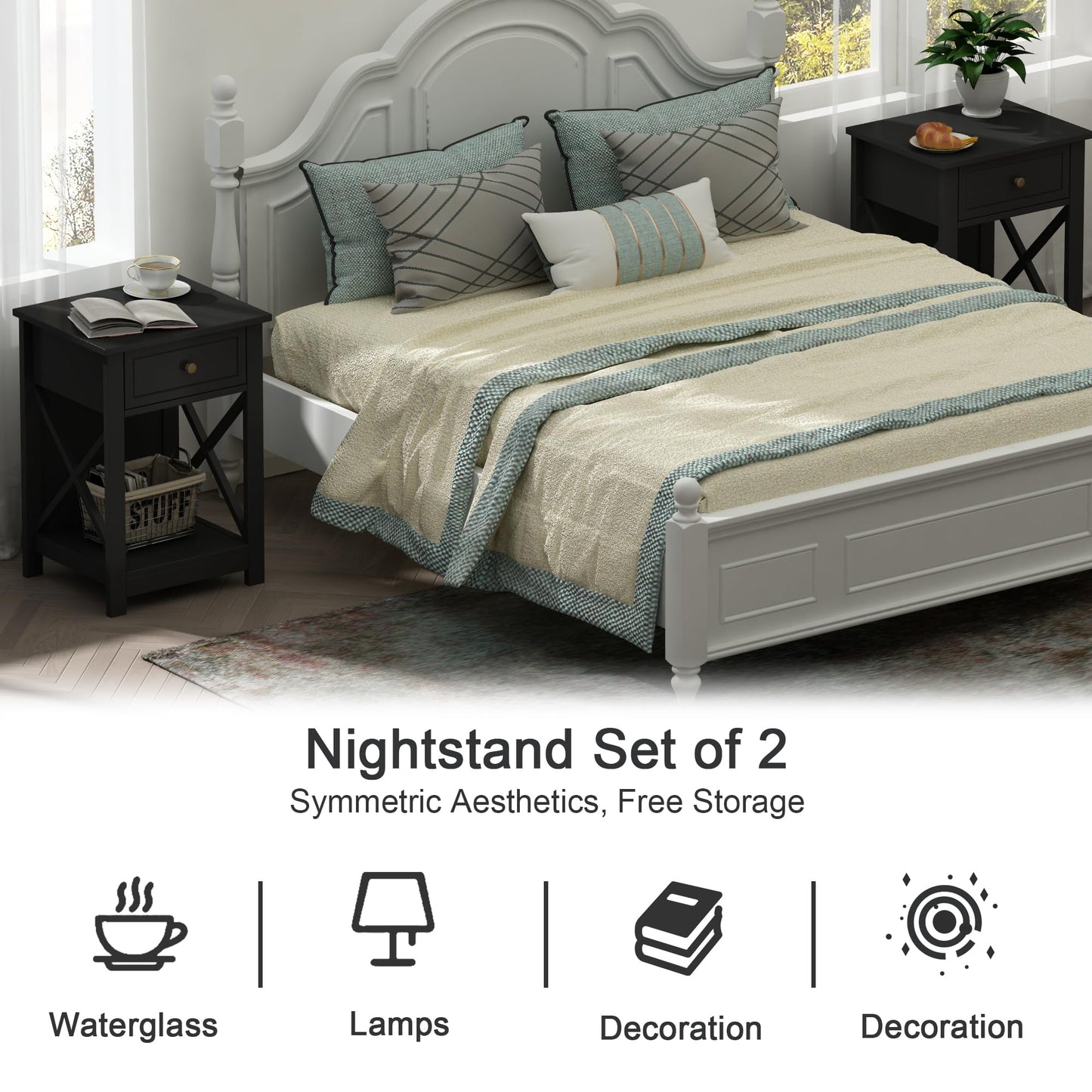 Treocho Black End Table Set of 2, Modern X-Design Night Stand,Bedside End Table with Open Storage for Small Place,Bedroom