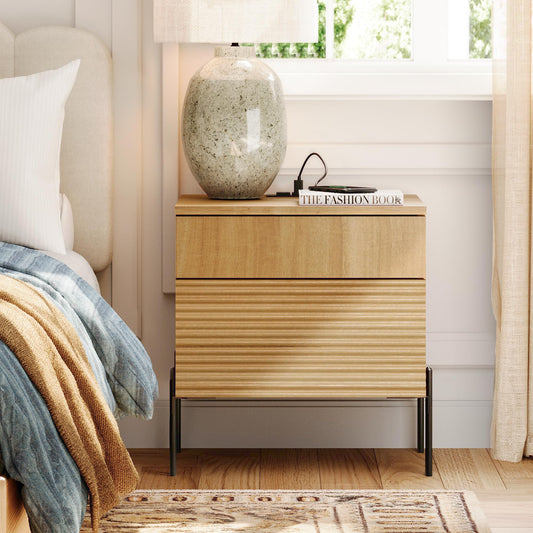 WAMPAT Fluted Nightstand with Charging Station,19.1" W Mid Century Modern Night Stands, Wood Side End Table with 2 Drawers, Wood Bedside Table with Metal Legs for Bedroom,Living Room, Oak (1)