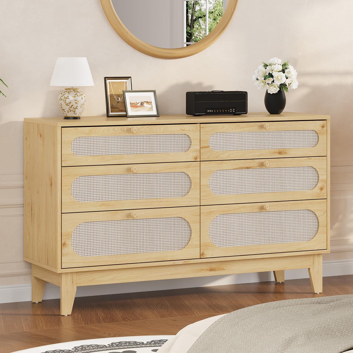 IDEALHOUSE 52.1" Rattan Bedroom Dresser, 6 Drawer Wood Dresser - Frame Feet, Charging Station, Large, Medium and Small Drawers, Natural