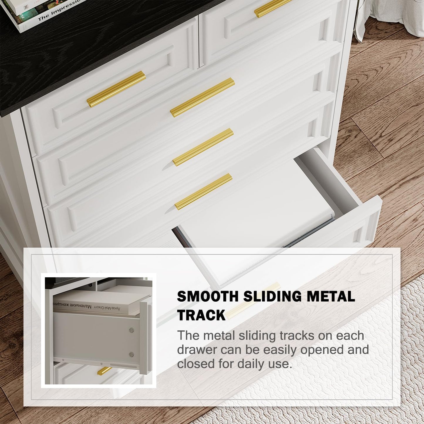 Virabit White Dresser for Bedroom with 6 Drawers, 44" Tall Wooden Farmhouse Cabinet, Modern Kids Dresser with Metal Handle, Mid Century Chest of Organizer for Closet, Living Room, Hallway