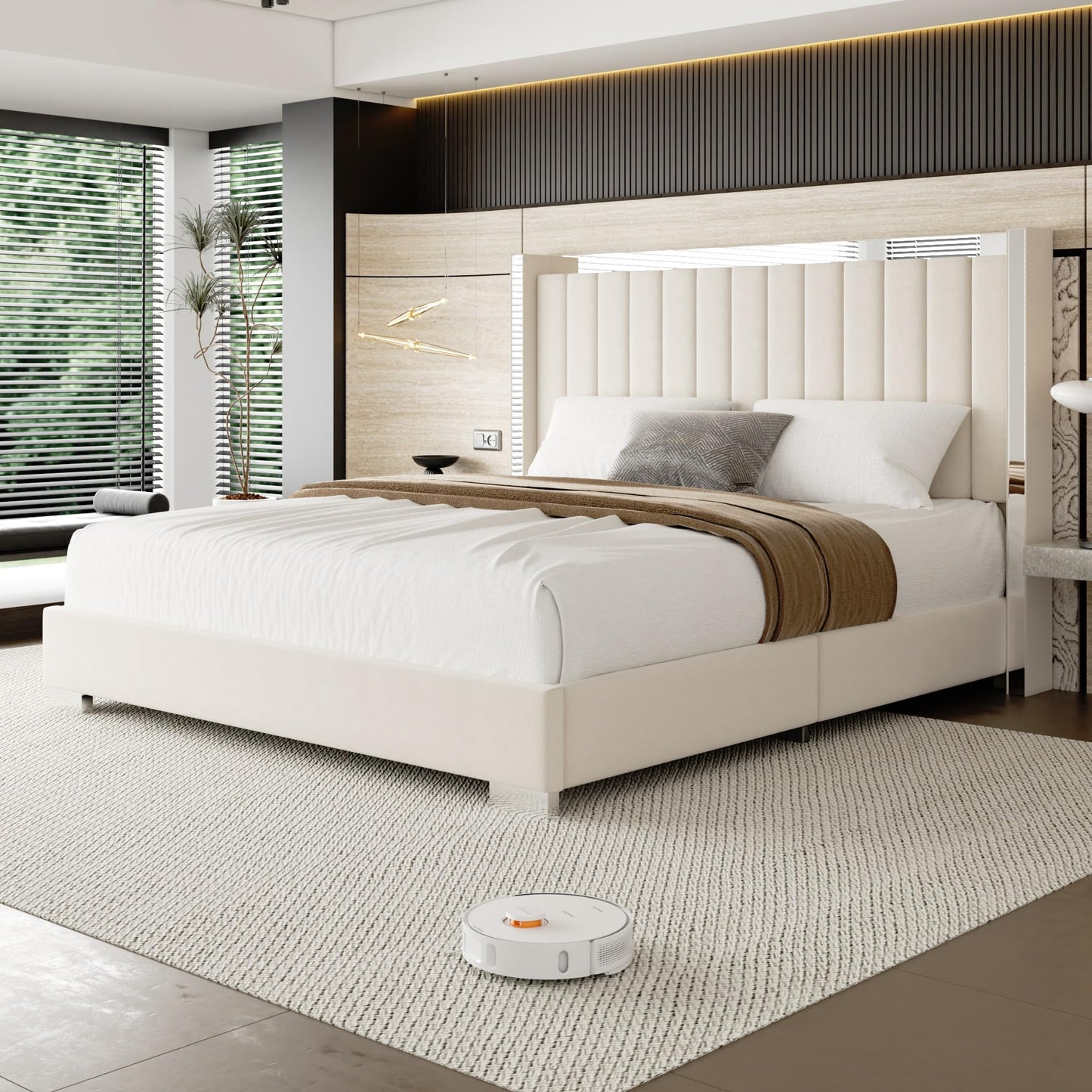 viplov Queen Bed Frame with 57.9" headboard, Tall Wingback Chenille Upholstered Headboard, Low Profile, No Box Spring Needed, Easy Assembly, Noise Free-Beige