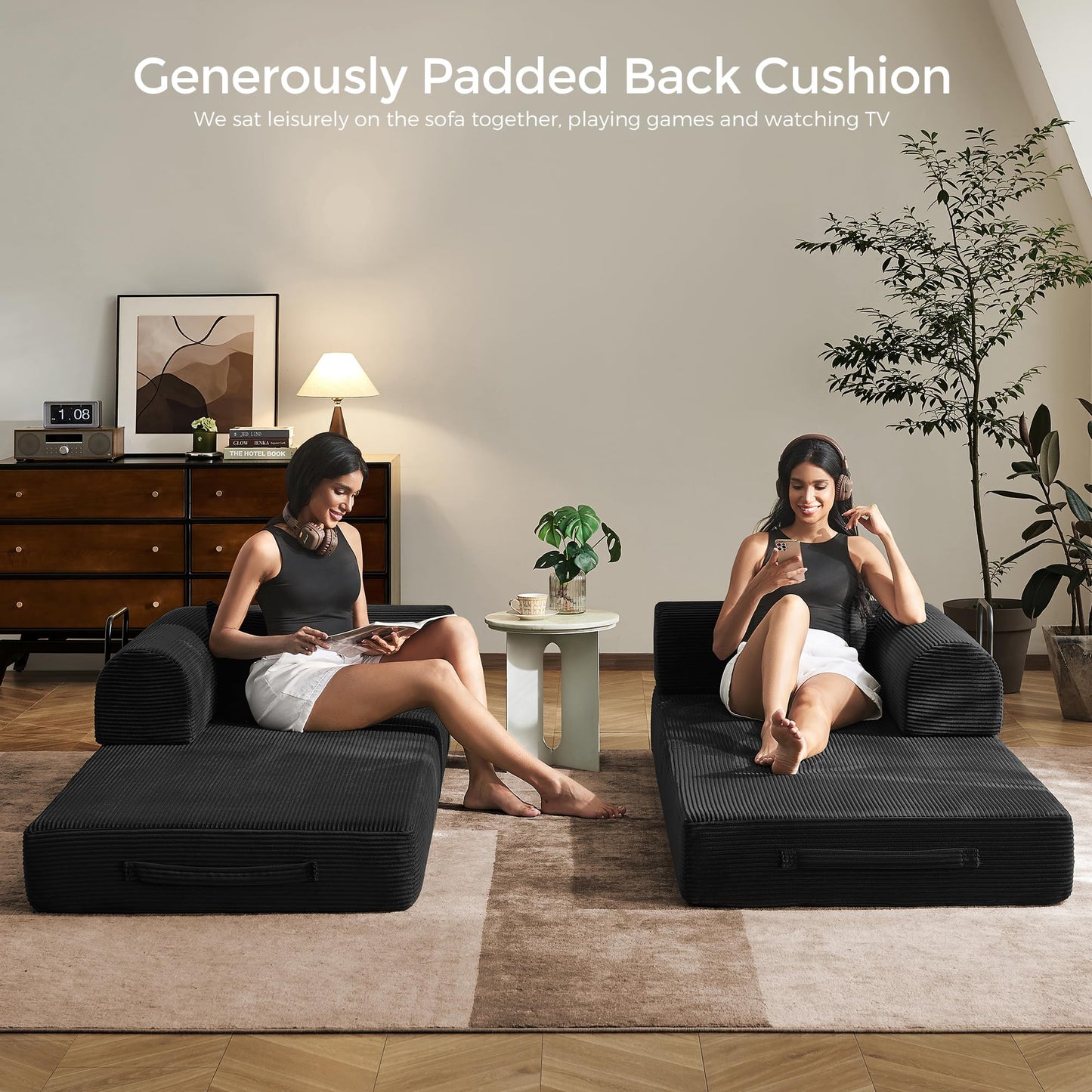 79" Convertible Sofa Bed with Fixed-Shape Frame & Removable Armrests, Modular Corduroy Sleeper Sofa, Folding Mattress Couch for Small Spaces - No Assembly Needed in Black (Includes 2 Pillows)