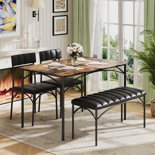 4 EVER WINNER Dining Table Set for 4, Kitchen Table with Upholstered Bench and 2 Chairs, Dining Room Set for Small Space, Apartment, Kitchen, Rustic Brown