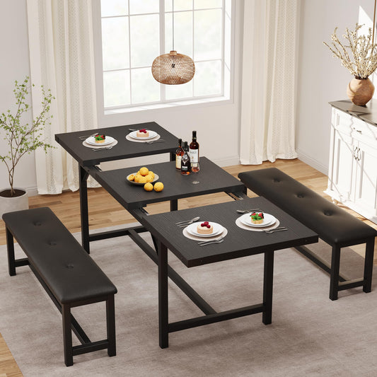 CABIHOME Dining Table Set for 4-6, 63" Extendable Dining Room Table Set With 2 Upholstered Benches, 3 Piece Large Rectangle Kitchen Table Set With Metal Frame for Apartment, Saving Space, Rustic Black
