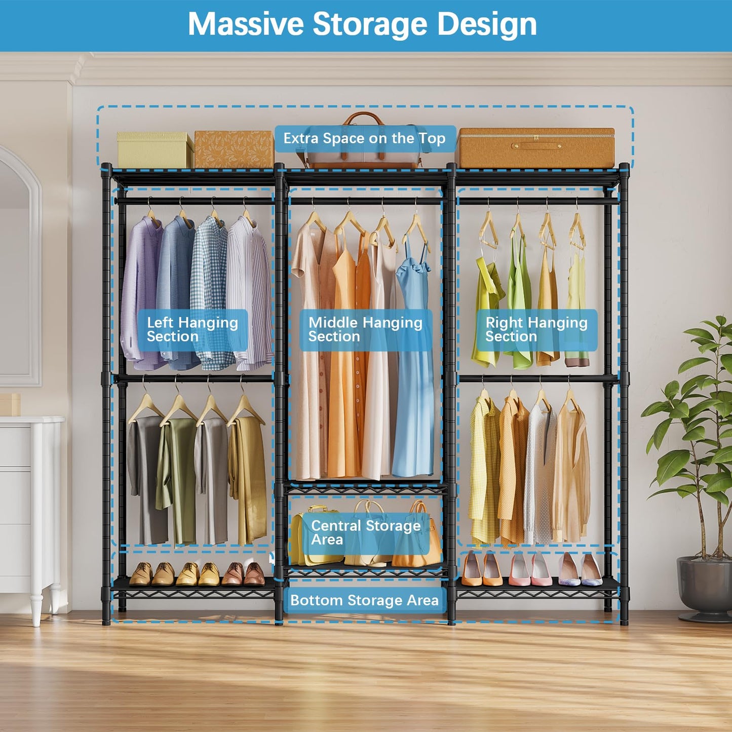 VIPEK V5C SE Garment Rack Wardrobe Closet, Heavy Duty Clothes Rack with Adjustable Shelves and Black Cover, Black Metal Closet Racks Clothing Storage Organizer for Bedroom, 70.1" Lx17.3 Wx76.4 H