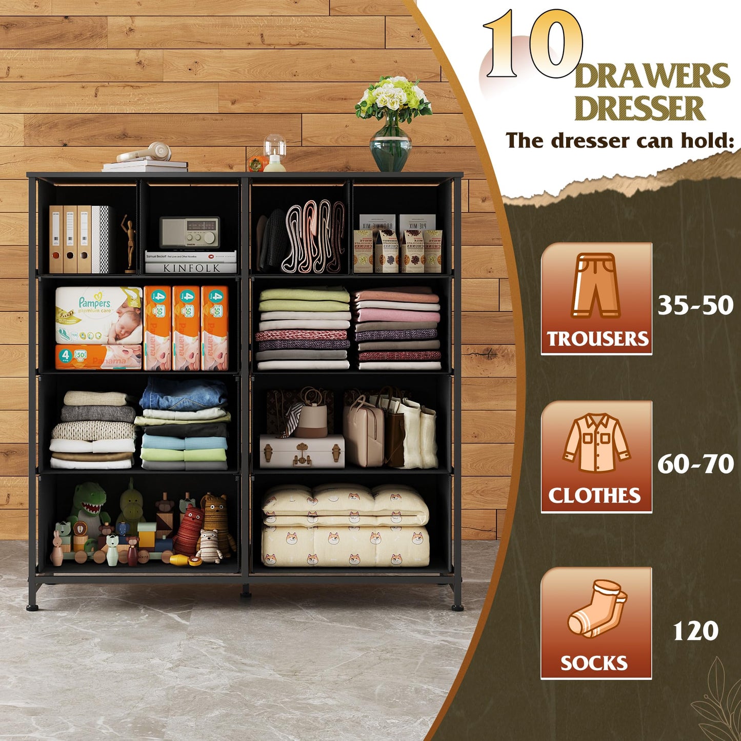 WLIVE Dresser for Bedroom with 10 Fabric Drawers, Tall Chest Organizer Units for Clothing, Closet, Storage Tower with Cabinet, Metal Frame, Wooden Top, Black Dresser for Living Room