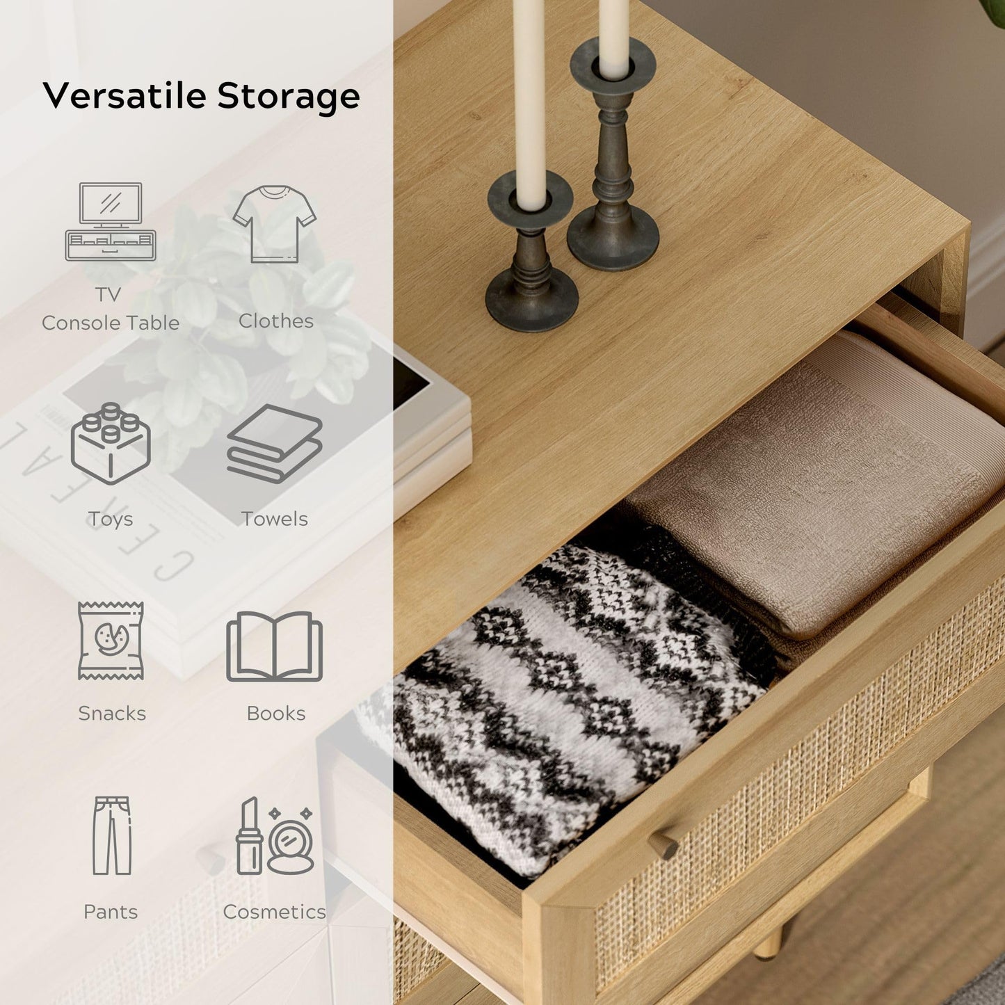 EYYTHUNG Rattan 6 Drawer Dresser, Modern Closet Dressers of Drawers with Natural Rattan, Boho Dresser Chest, TV Stand of Drawers, Wood Storage Drawer Organizer for Bedroom Living Room Entryway Hallway