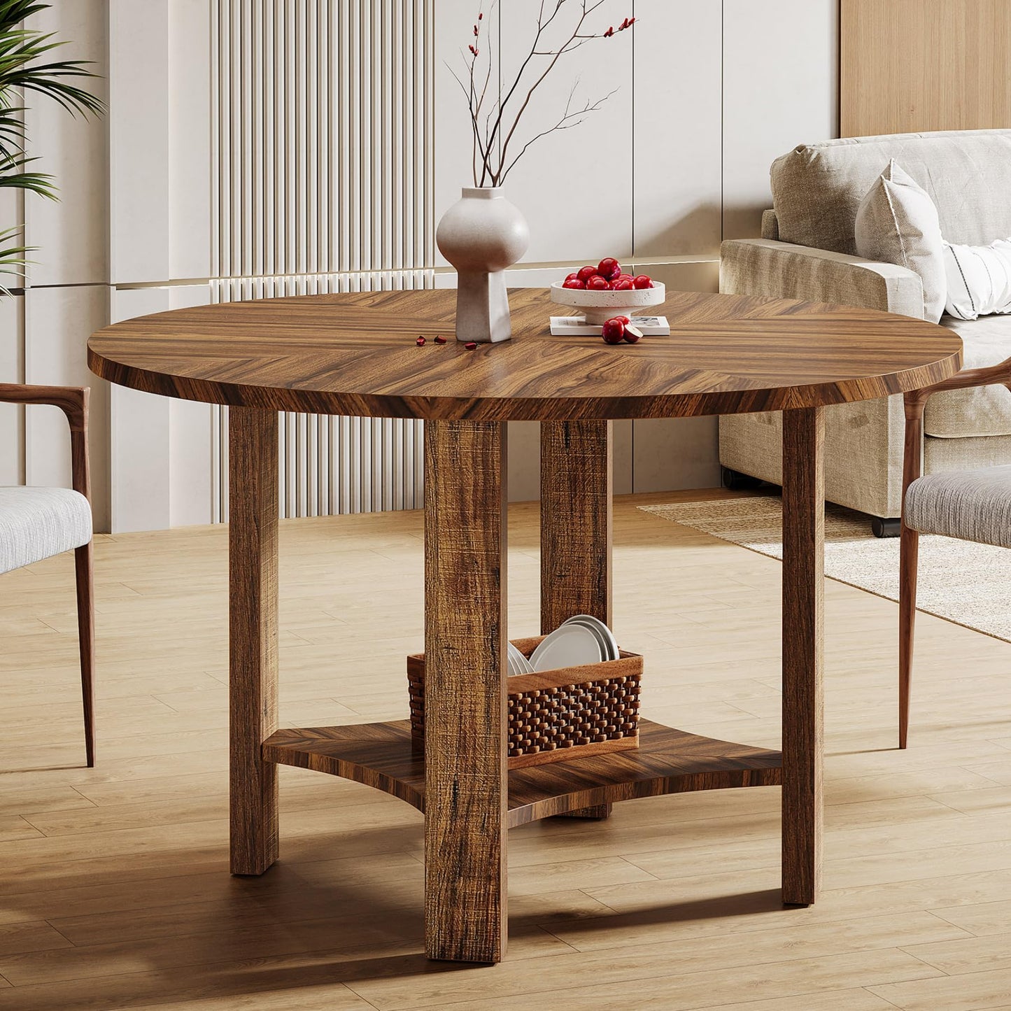 Tribesigns 47-Inch Round Dining Table for 4, Farmhouse Kitchen Table with Storage Shelf, Wooden Circle Dinner Table for Dining Room, Living Room, Small Spaces (Walnut)