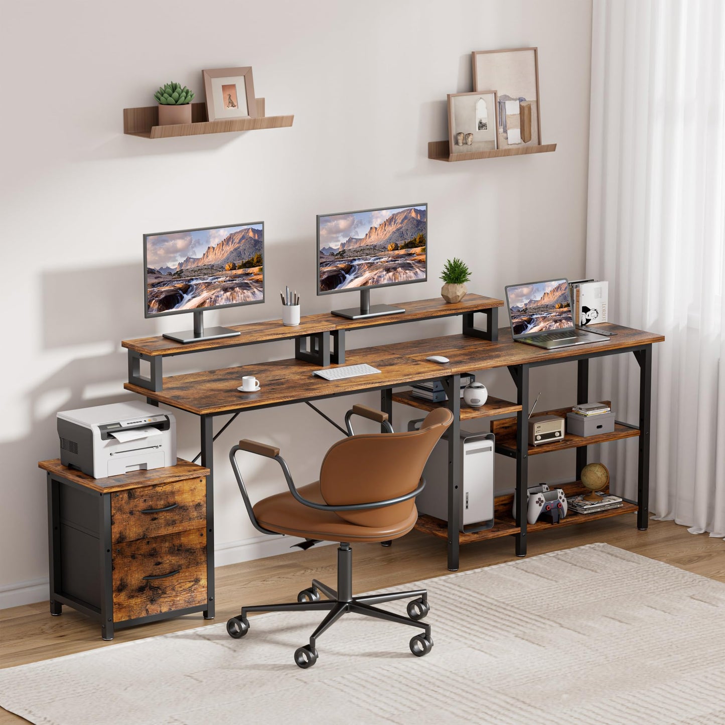 Briteglotec 67'' L Shaped Home Office Desk, Large Reversible Gaming Desk, Corner Computer Desks with File Drawers, Rustic Brown