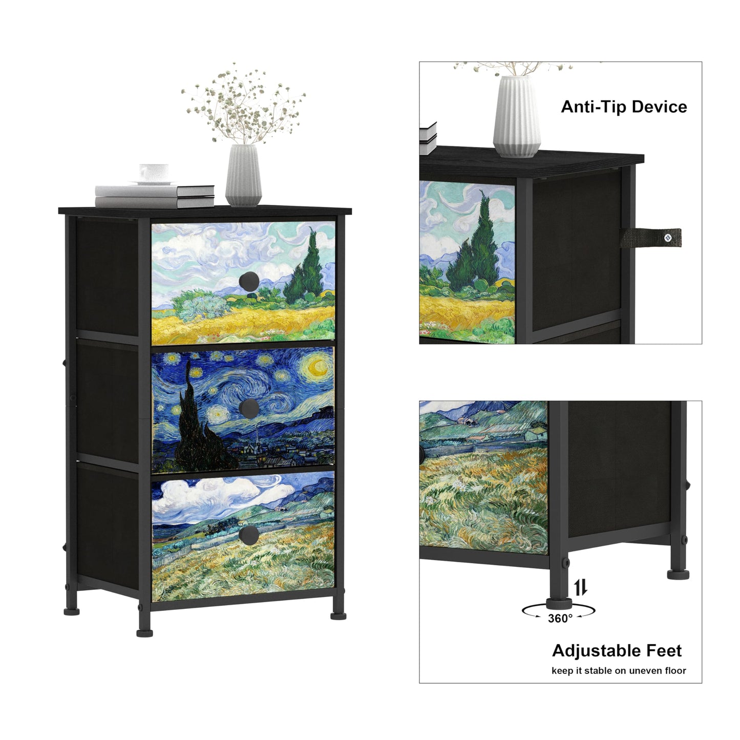 Welfuturer Dresser with 3 Drawers Van Gogh Drawer Dresser for Bedroom Narrow Nightstand Small Dressers & Chests of Drawers for Halfway Entryway Closets Living Room Sturdy Steel Frame Wood Top
