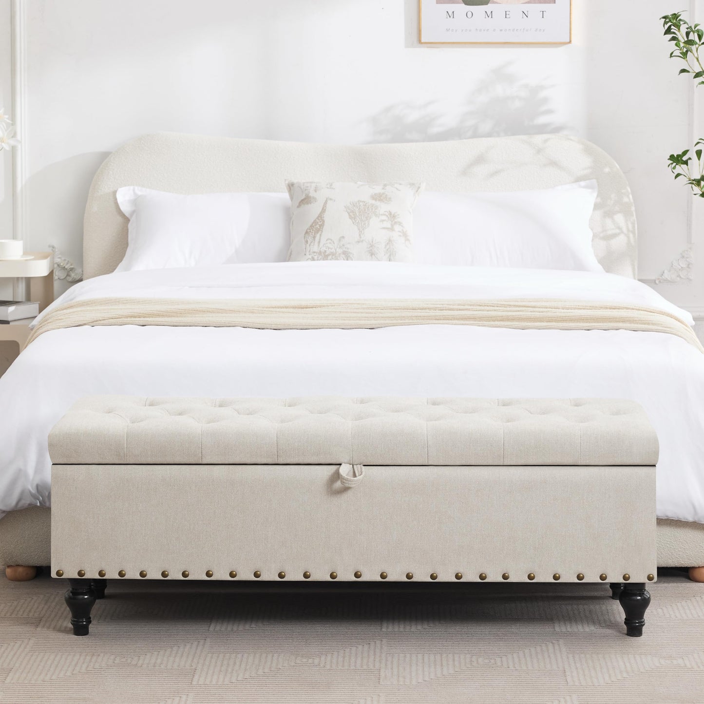 Mangodan51” Linen End of Bed Storage Bench, Tufetd Upholstered Storage Ottoman Bench with Safety Hinge, 330 lb Large Ottoman with Storages for Living Room, Entryway & Bedroom, Window Benches, Beige