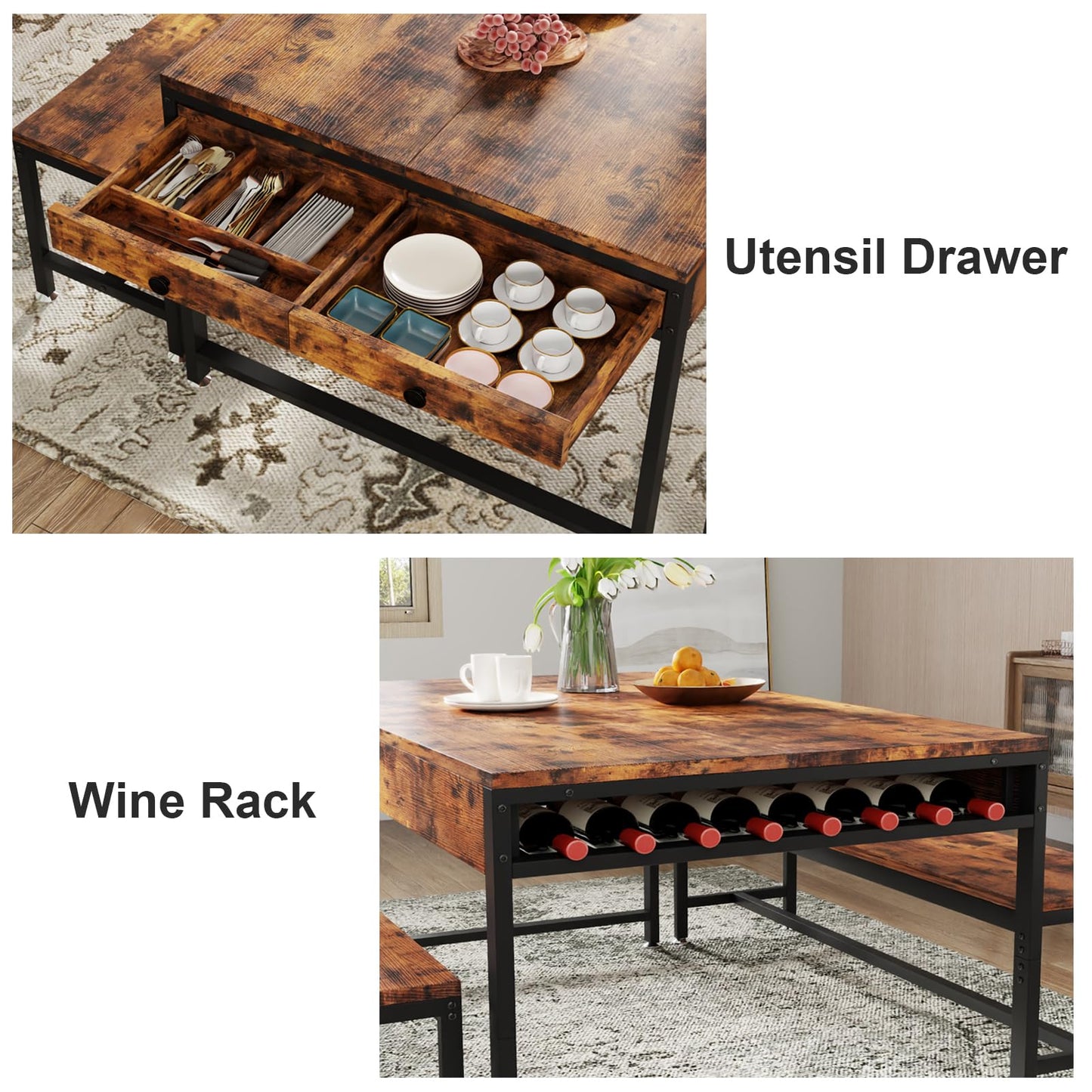 63" Kitchen and Dining Table Set for 6, 3-Piece Dining Room Table with 2 Long Benches, Kitchen Dinner Tables Set with Storage Drawer, Breakfast Nook Tables with Wine Rack, Space Saving Design (Rustic)