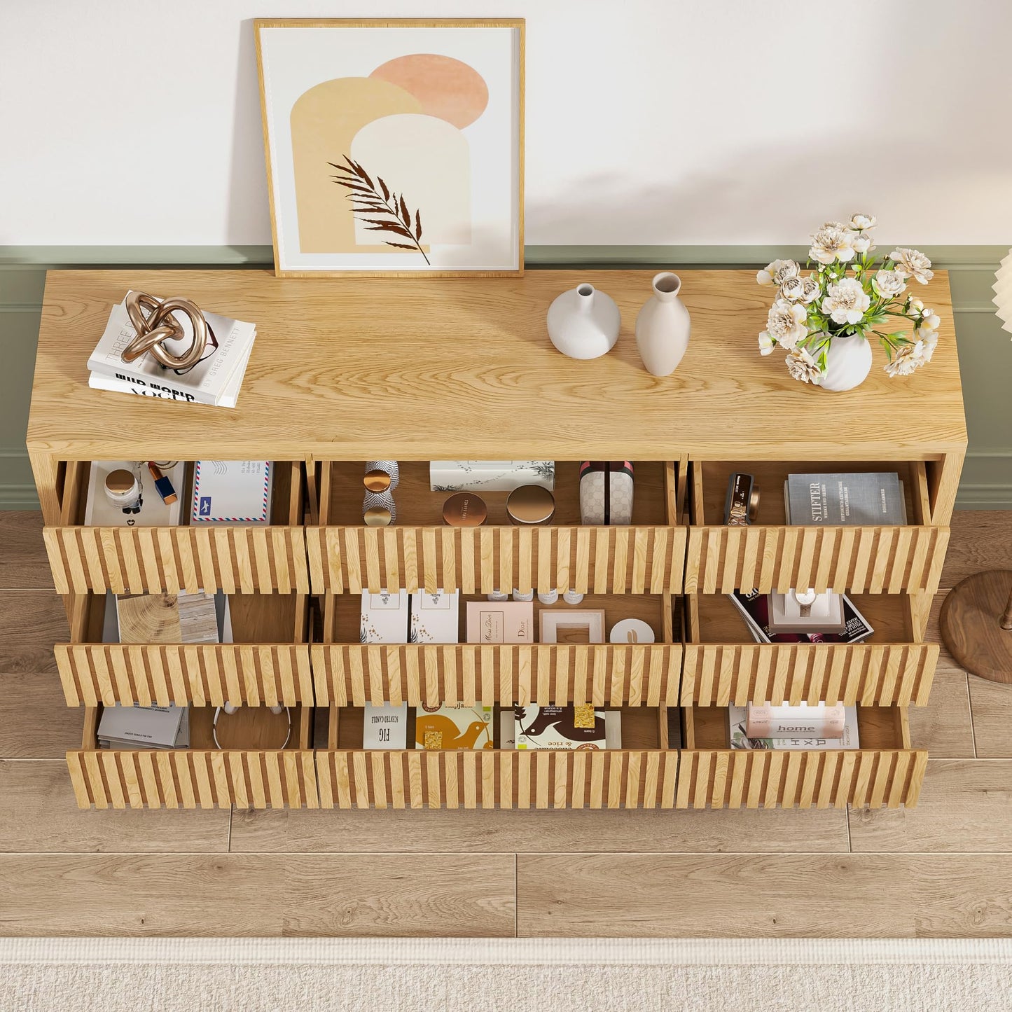 Jluomei Long Dresser for Bedroom with 9 Drawers, 58" Wide Modern Chest of Drawers, Large Wood Dresser TV Stand, Boho Fluted Closet Clothes Storage Organizer for Living Room, Natural Oak