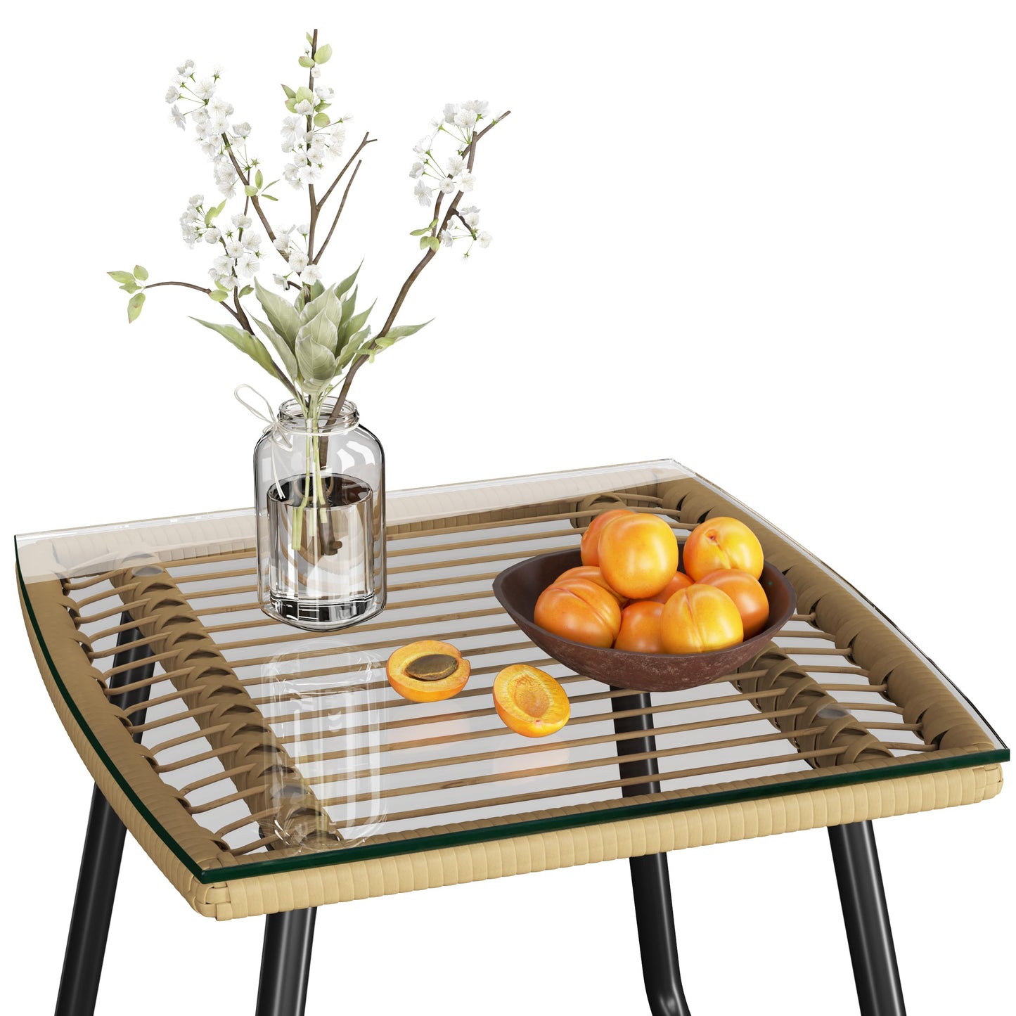 Yaheetech 3 Piece Patio Bistro Set Outdoor Wicker Bistro Furniture Sets, 2 Rattan Chairs and Glass Top Table for Patio, Balcony, Porch, Poolside, Backyard - Tan/Cream