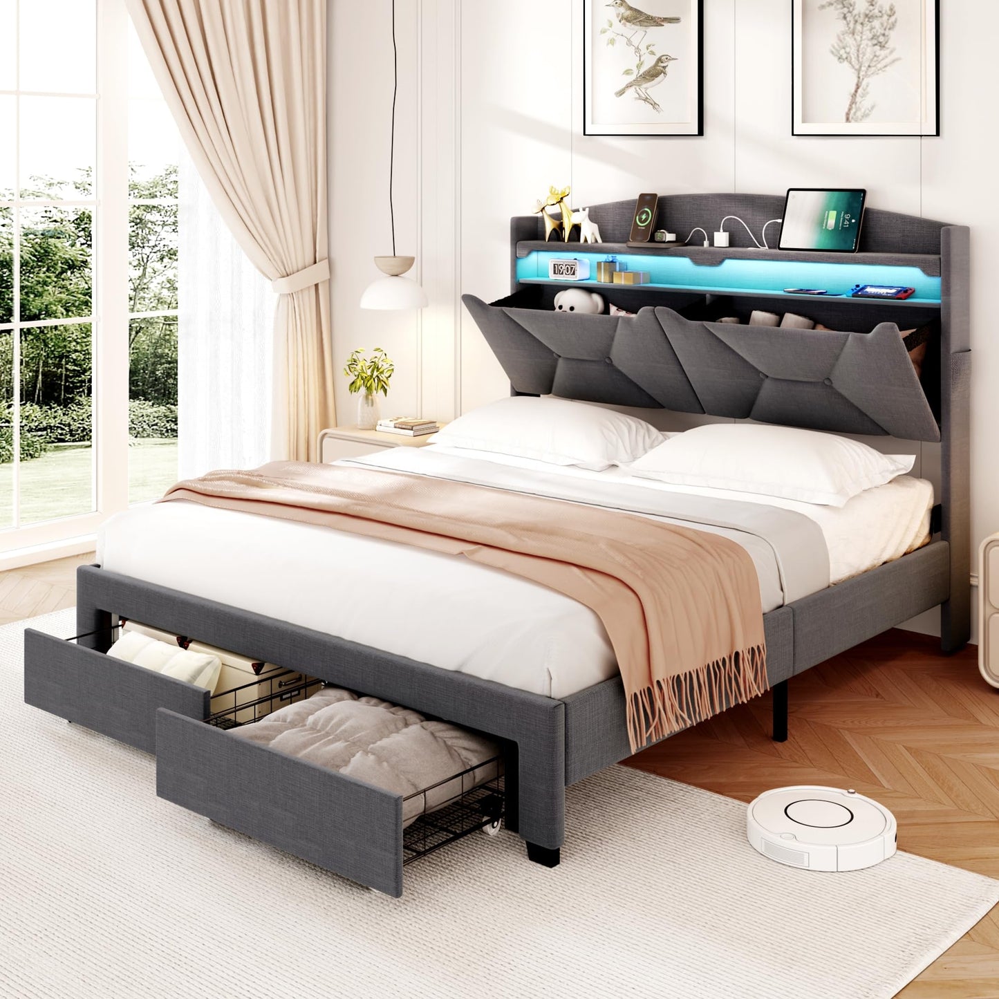 VINTLJUS Queen Size Bed Frame, Queen Bed Frame with Storage Drawers, Upholstered Bed Queen Size with Charging Station and LED Lights, Easy Assembly, Grey