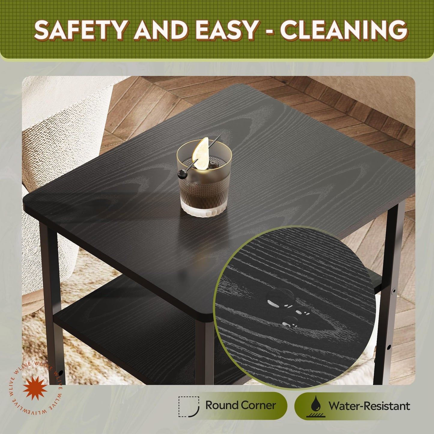 WLIVE End Tables Living Room Set of 2, Black End Table for Two, Narrow Side Table for Bedroom, Home Office, Small Spaces, 3-Tier End Table for Couch, Sofa, Bed