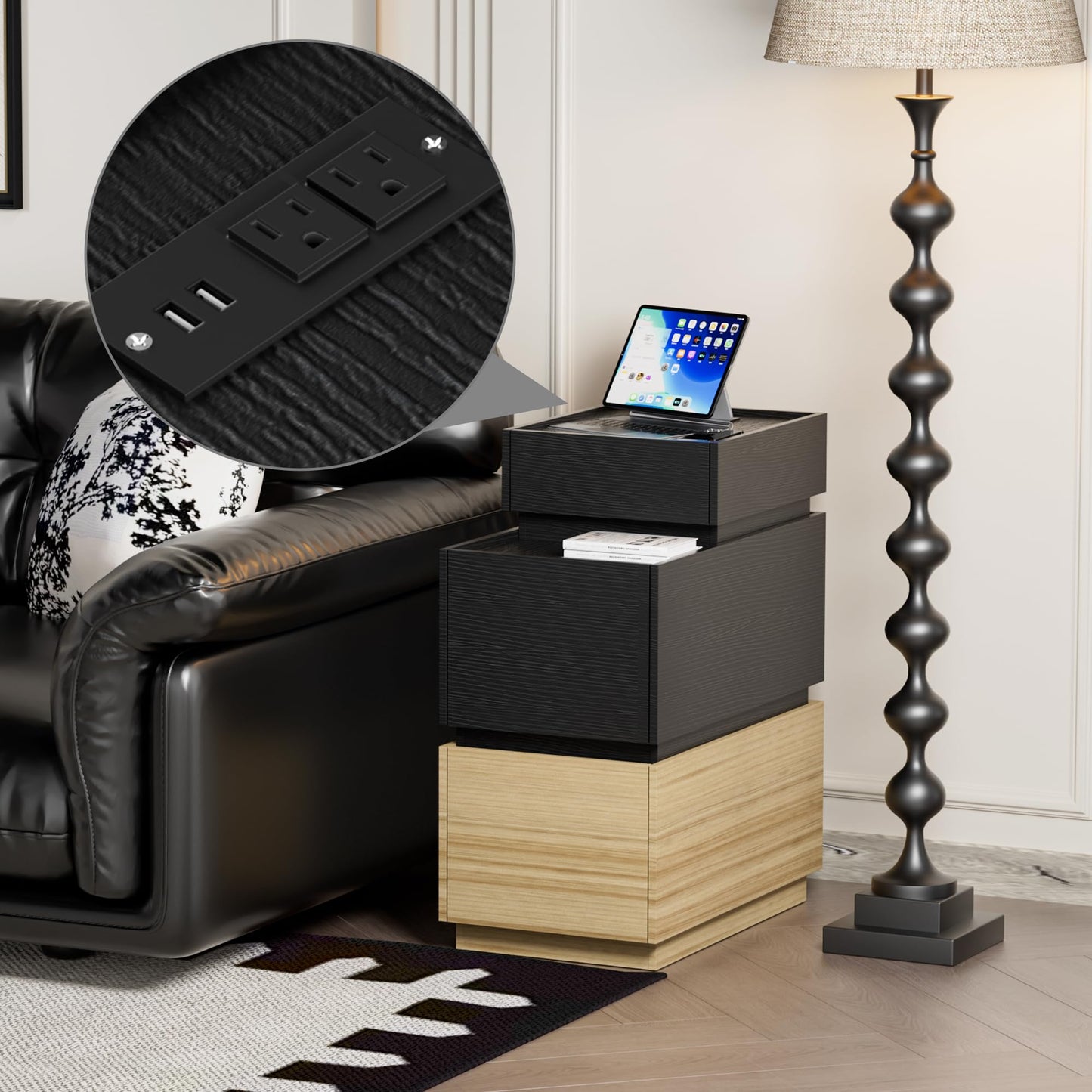UEV End Table with Charging Station,Narrow Side Table for Living Room,Nightstand with Drawers and Storage,Sofa Side Table with USB Ports and Power Outlets for Living Room and Bedroom,Black and Brown