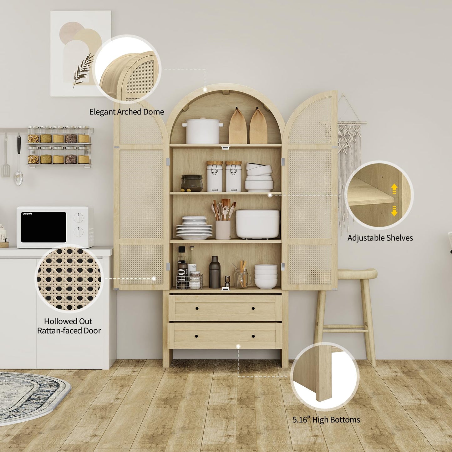 Woenei Arched Kitchen Pantry Cabinet, 71" Tall Arched Bookcase Rattan Storage Cabinet with Doors and Drawers Adjustable Shelves,Farmhouse Freestanding Cupboard for Bathroom,Living Room,Dining Room