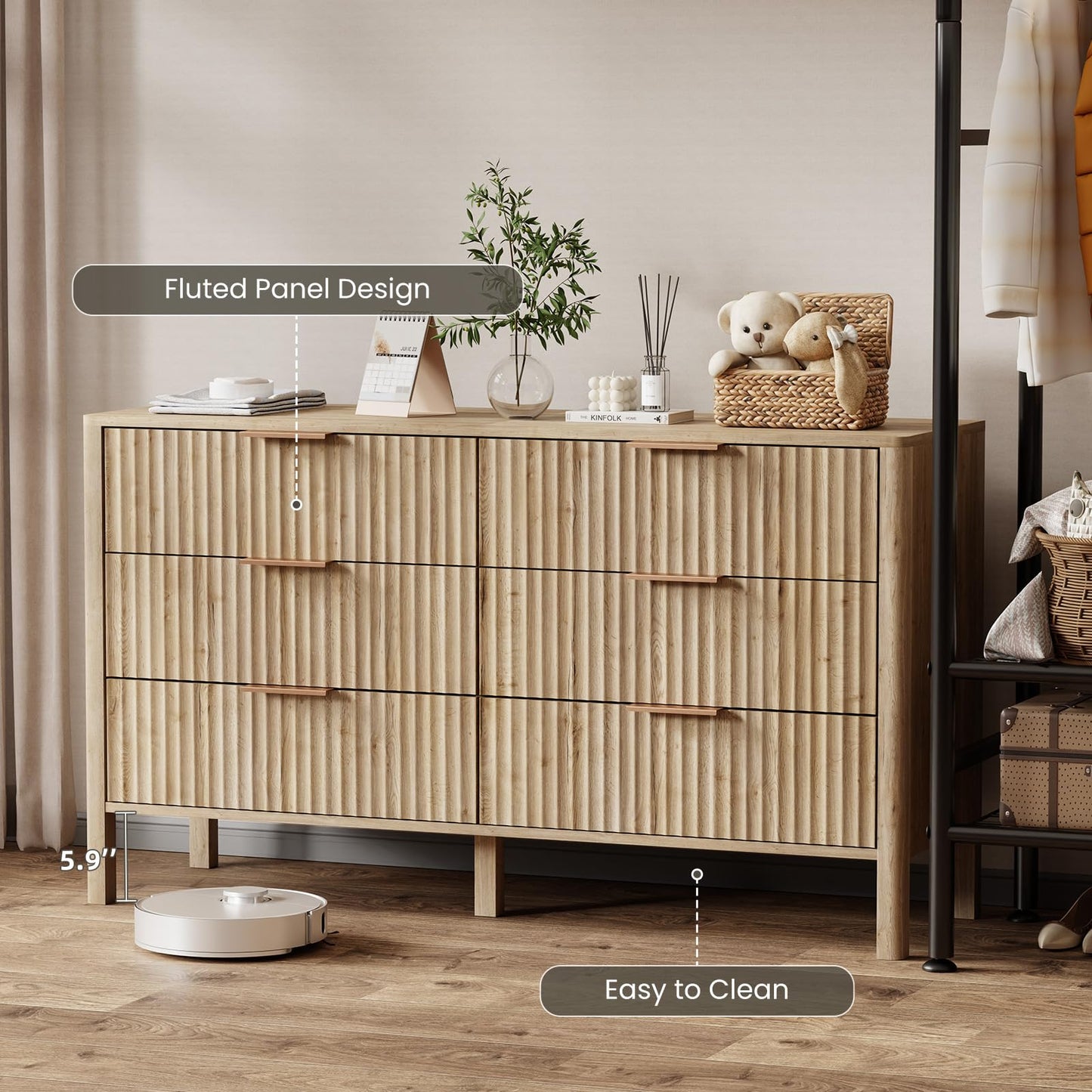 55" Wide Fluted 6 Drawer Dresser for Bedroom, Wooden Dresser Modern Chest of Drawers TV Stand Dressers with Organizer Storage for Bedroom, Living Room, Entryway, Oak