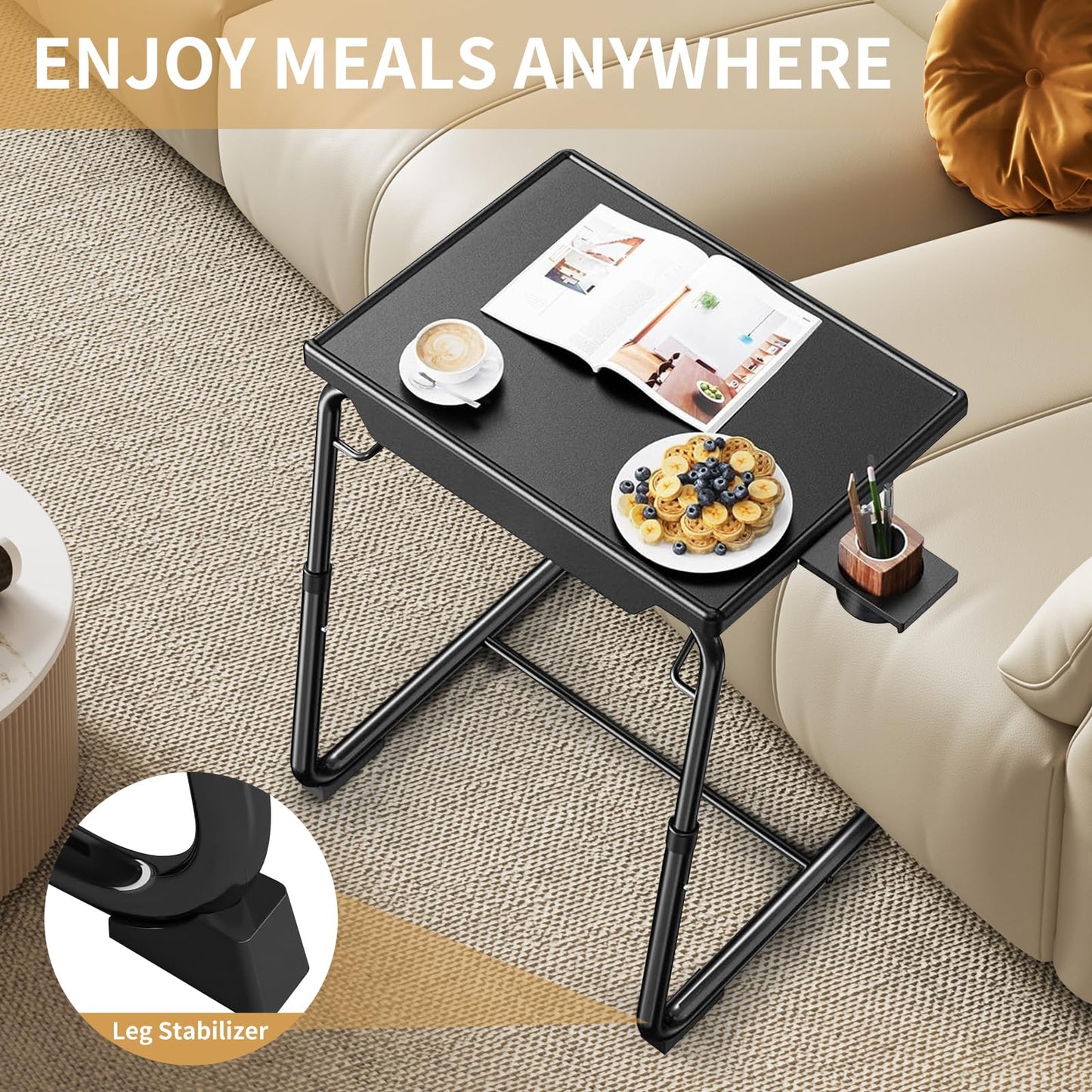 ZUCONKITCH Adjustable TV Tray Tables with 6 Height & 3 Tilt Angle, Folding TV Dinner Tray,TV Table with Cup Holder on Bed & Sofa (1 Pack, Black)