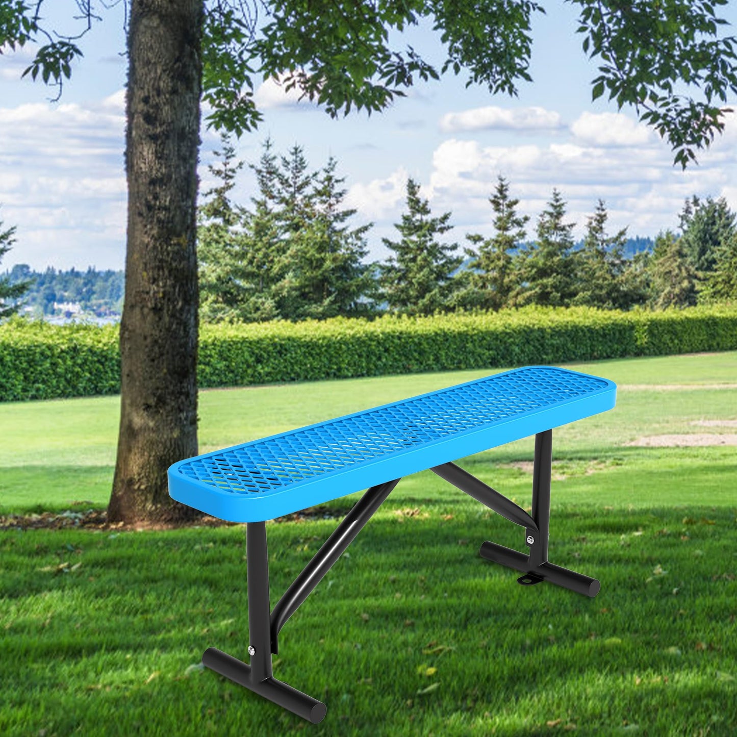 4FT/6 FT Park Benches-Outdoor Steel Flat Bench,Metal Backless Benches for Outside, School Benches Commercial Heavy Duty Rectangular Black Park Bench Patio Bench for Garden, Porch,Park (Blue, 4FT)