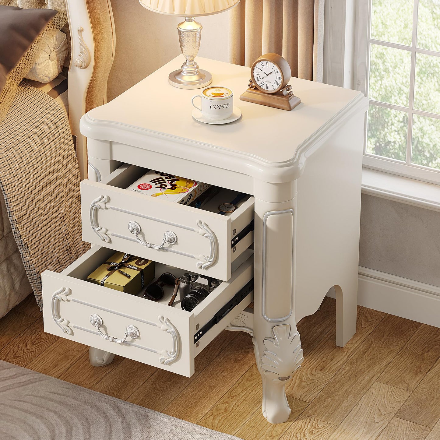 Tribesigns White Nightstand, End Table with 2 Drawers, Carved Bedside Tables, Side Table for Bedroom, Classic Bedroom Furniture, Night Stand White