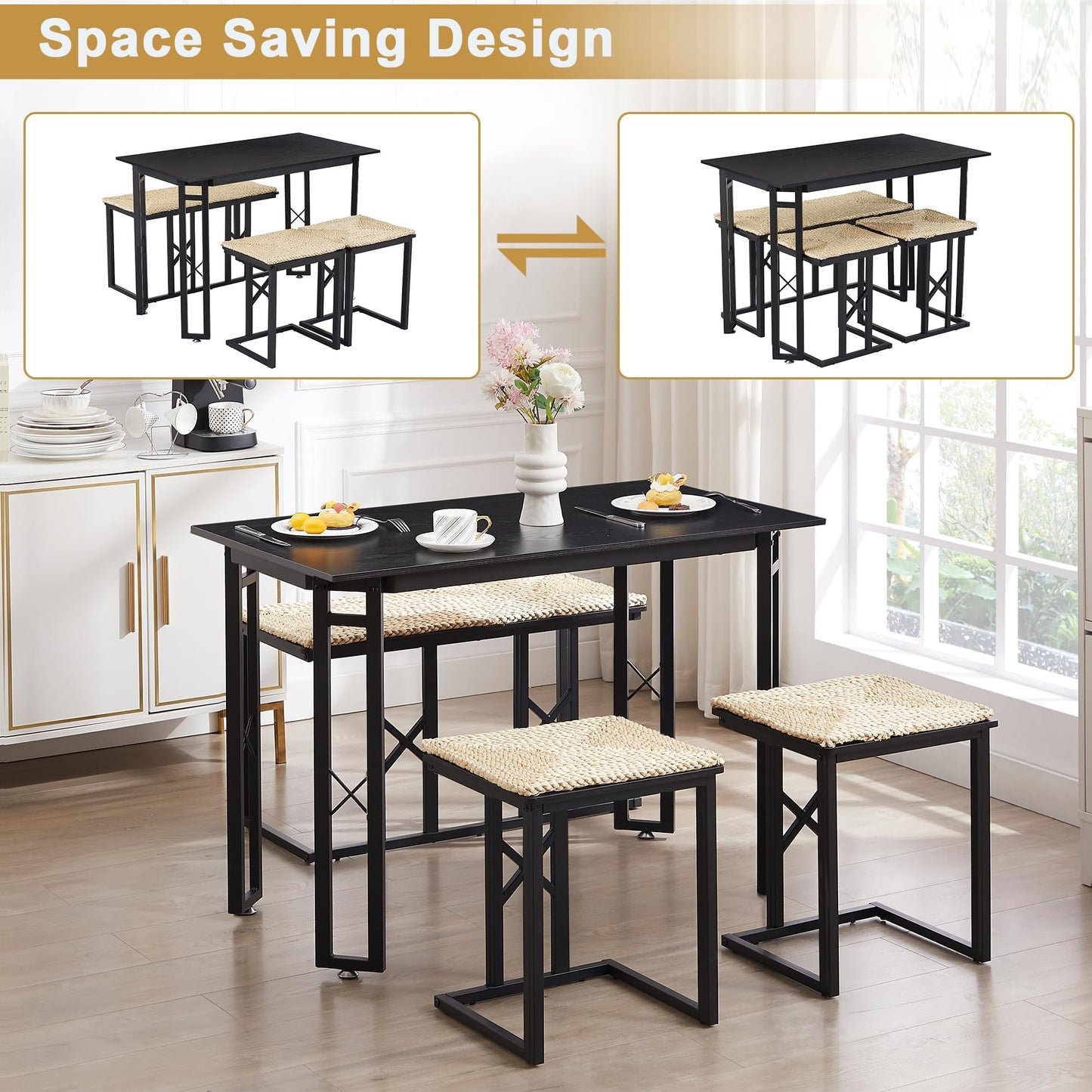 VECELO 43.3" Dining Table Sets, Farmhouse Kitchen Table for 4 with 3 Seats & Wicker Seat Cushions,Metal Frame Space-Saving Adjustable Feets Coffee Table for Home Kitchen Dining, Pitch Black