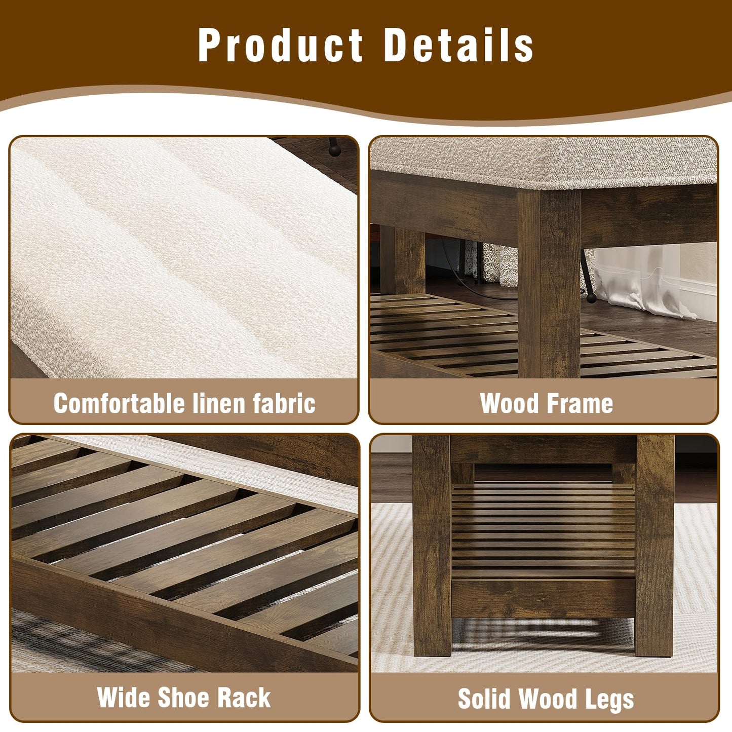 Welfuturer Large Upholstered Ottoman Bench Entryway Storage Benches Tufted Linen Ottoman Bench with Solid Wood Shelf Padded End of Bed Bench for Bedroom Living Room Hallway Decor