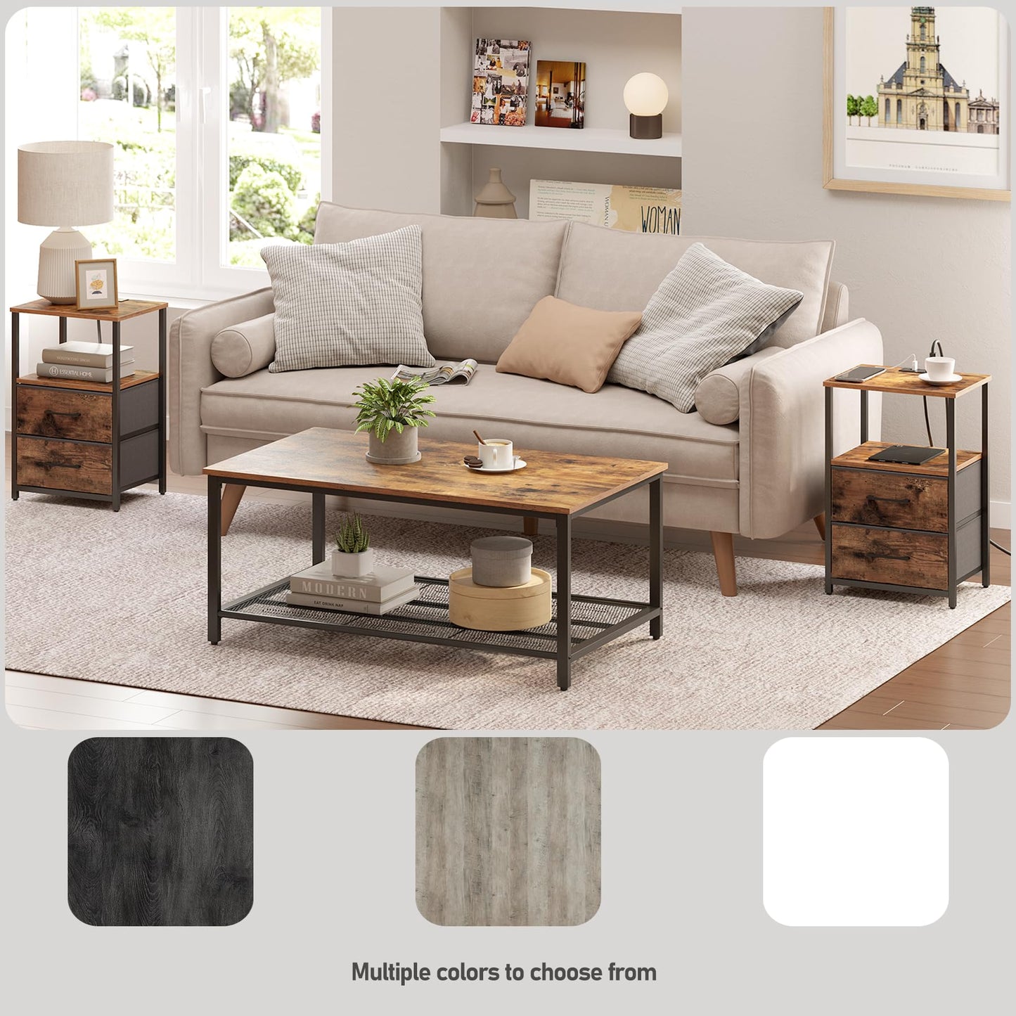 TUTOTAK End Table with Charging Station, Side Table with 2 USB Ports and Outlets, Nightstand with Cloth Drawer, Set of 2, Couch Table, Brown TB01BB052