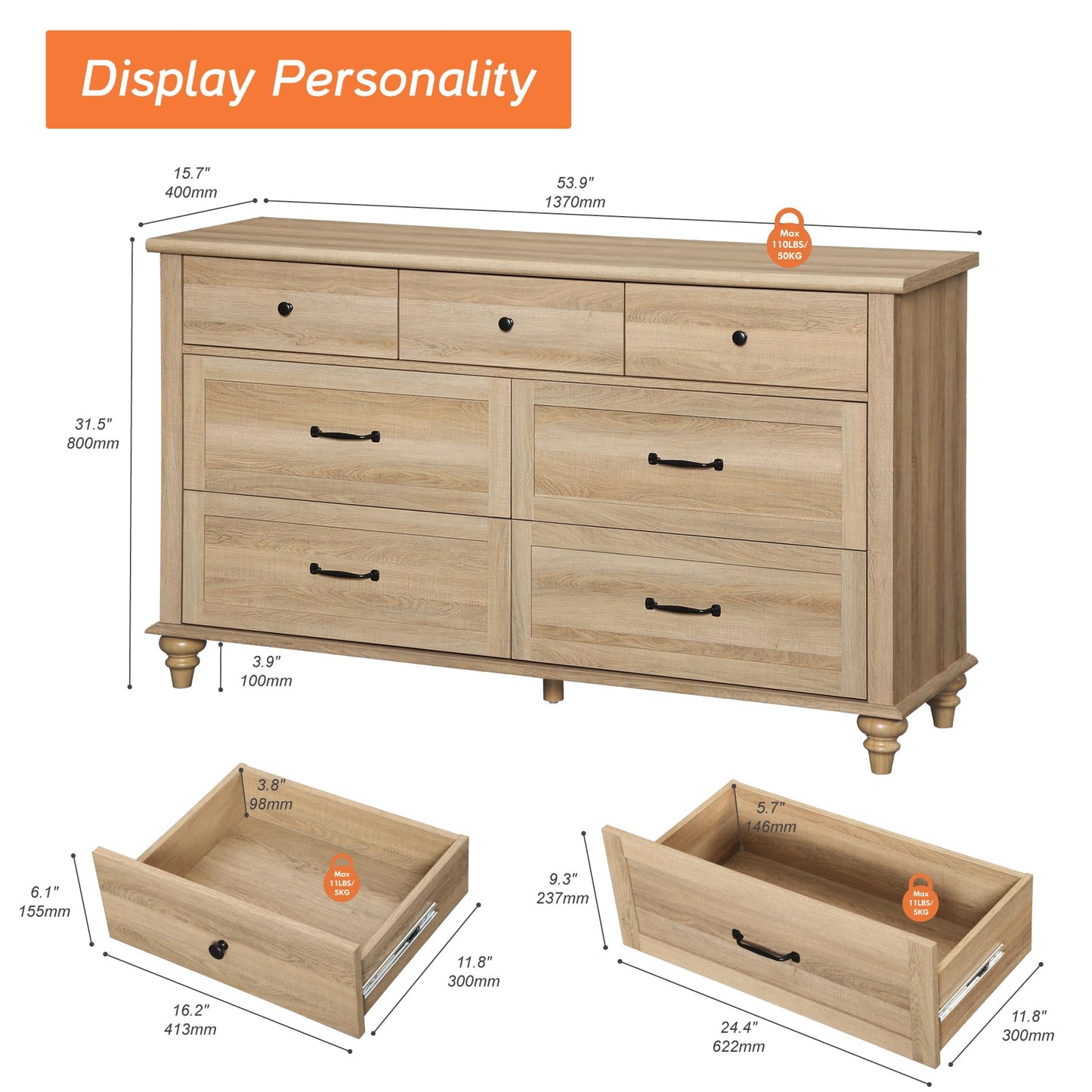 WAMPAT Wide Kids Dresser with 7 Drawers for Bedroom, Farmhouse Baby Dresser for Nursery & Kids Room, Wooden Chests & Dressers Closet Organizer for Children's Bedroom, 54 Inch, Oak