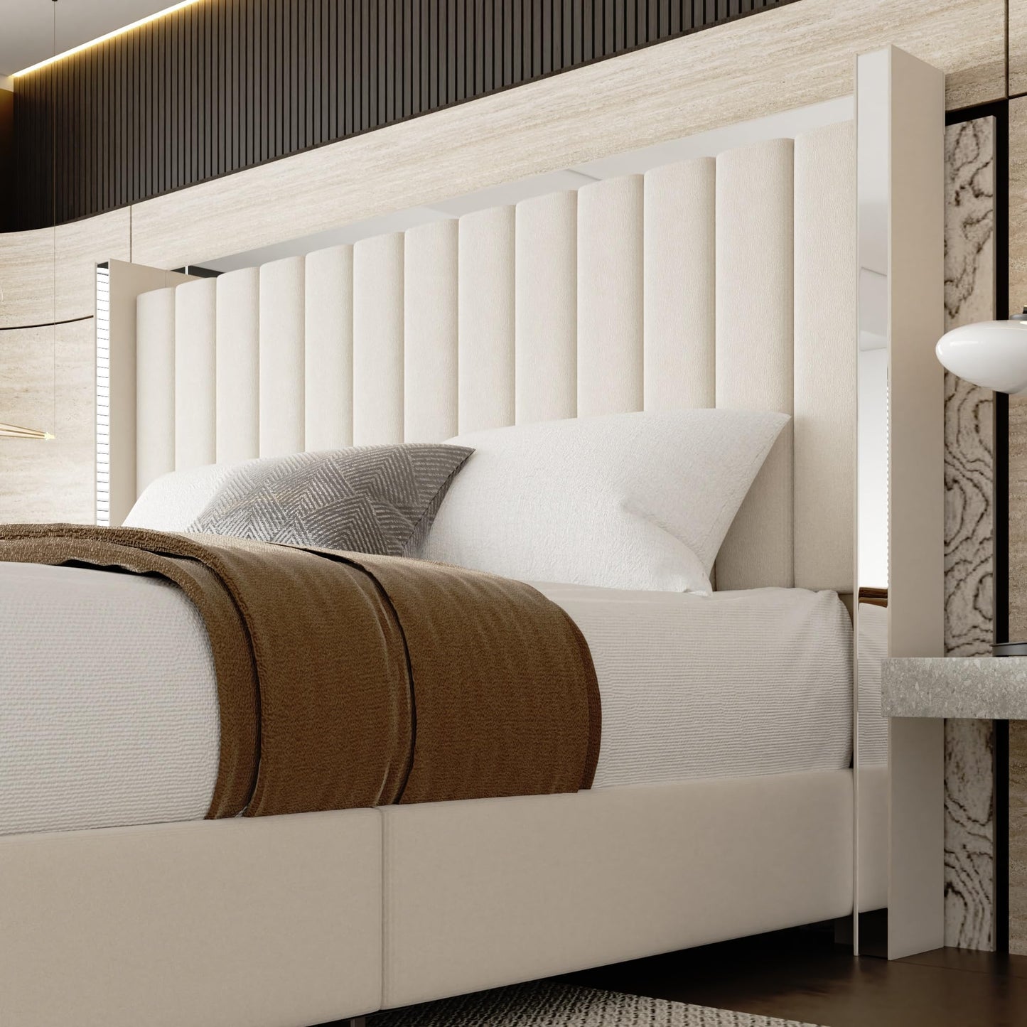 viplov Queen Bed Frame with 57.9" headboard, Tall Wingback Chenille Upholstered Headboard, Low Profile, No Box Spring Needed, Easy Assembly, Noise Free-Beige