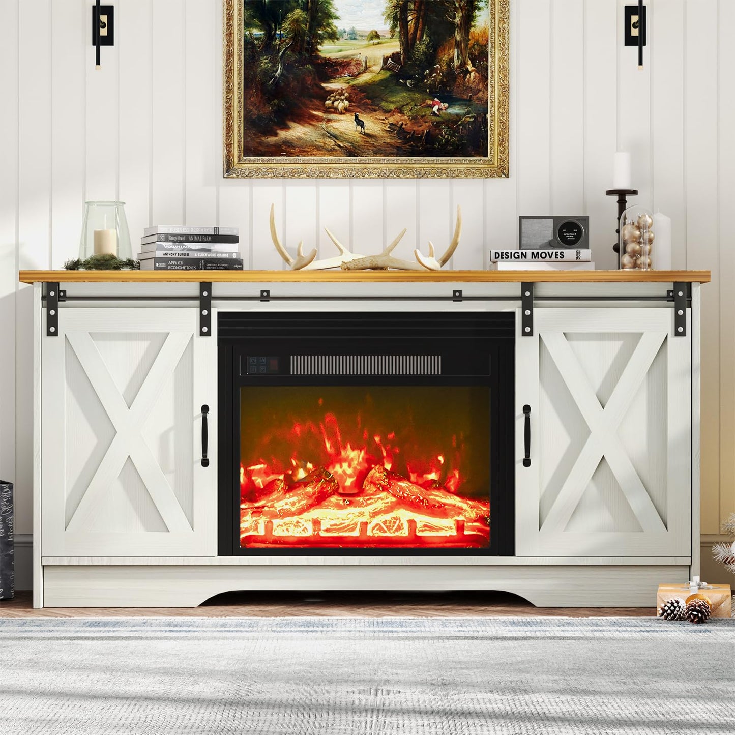 4 EVER WINNER Fireplace TV Stand with Sliding Barn Door for TVs up to 65", Farmhouse 59“ Entertainment Center with Adjustable Storage Cabinets, TV Console Table for Living Room, White