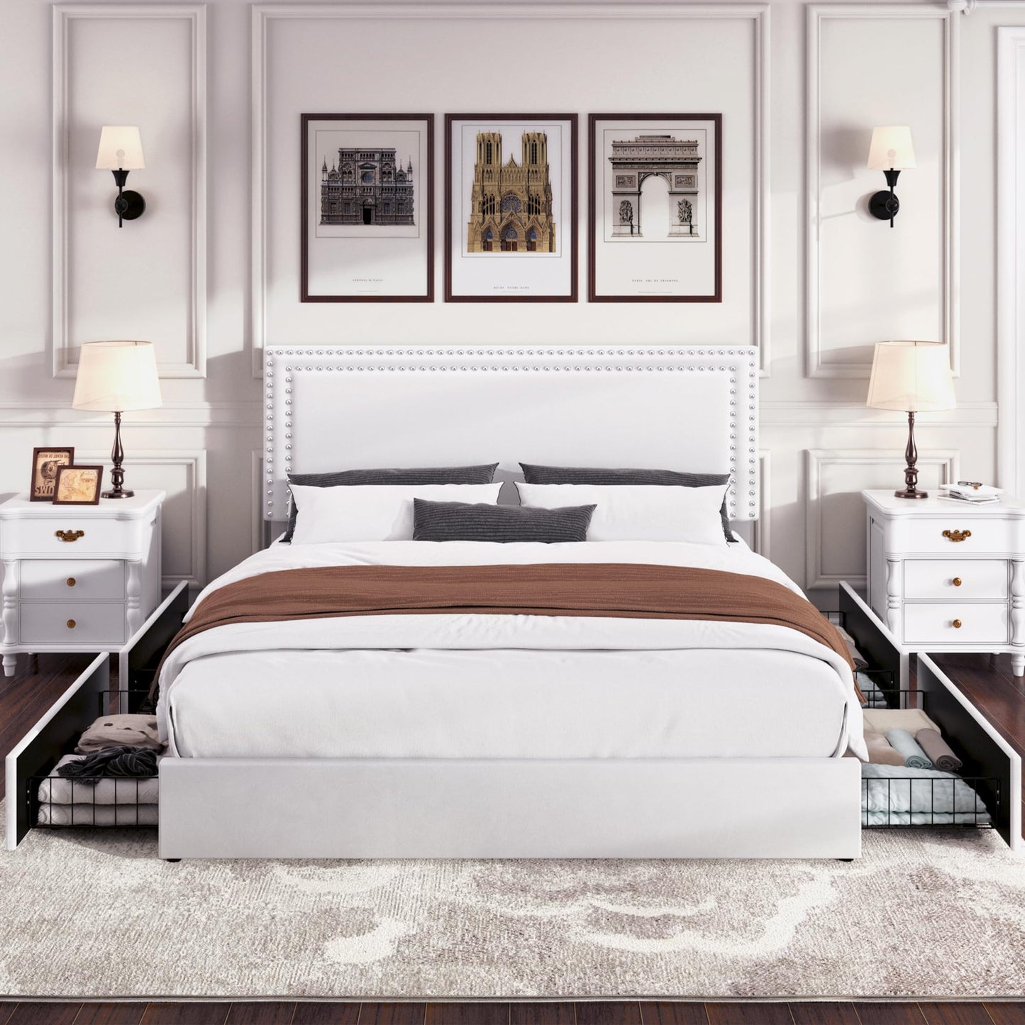 VECELO King Size Upholstered Platform Bed Frame with 4 Storage Drawers, Adjustable Velvet Rivet Decor Headboard, Wooden Slats Support, No Box Spring Needed, Easy Assembly